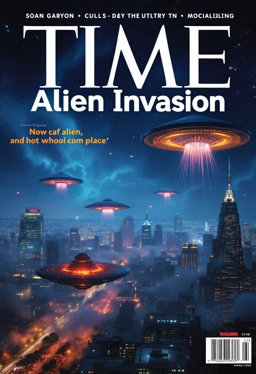 cover of a time magazine with the city of Los Angeles with alien ships from outer space attacking it. The words title of the magazine is "Alien Invasion" written large text