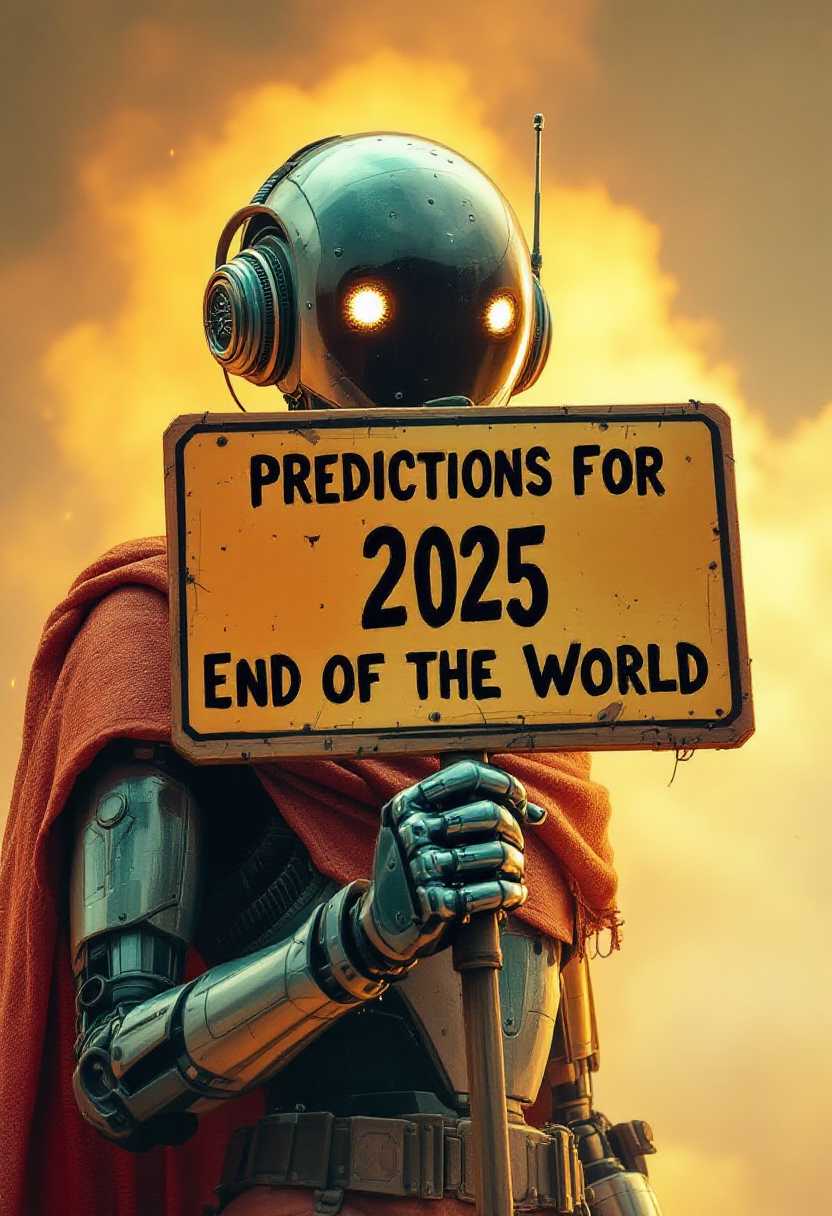 Create a sign that says "Predictions for 2025 - End of the World" and robot holding the sign