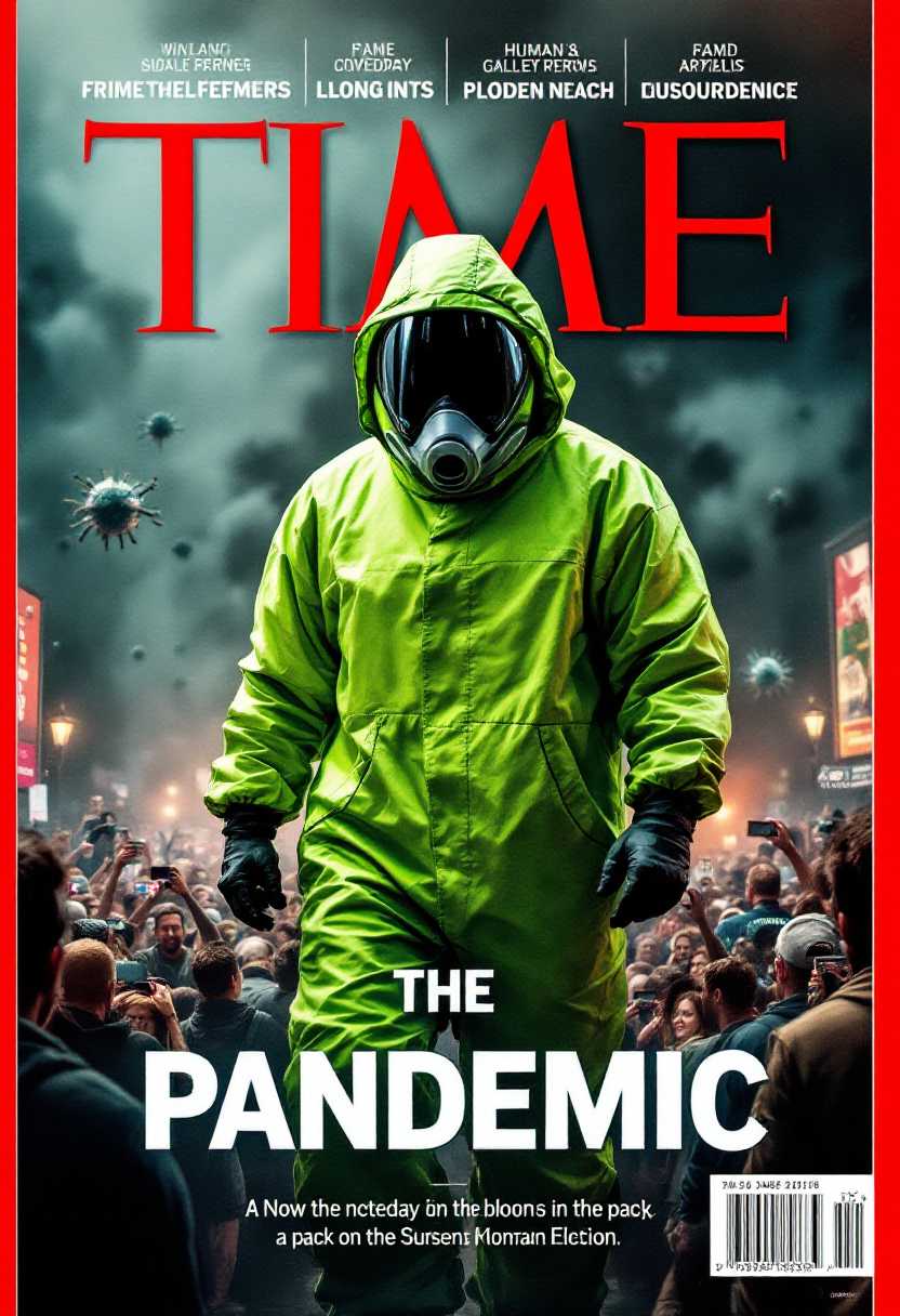 cover of a Time magazine with the a guy wearing a huge green HAZMAT outfit human overlords and crowds of people panic. image of a virus, The title of the magazine is "Pandemic".