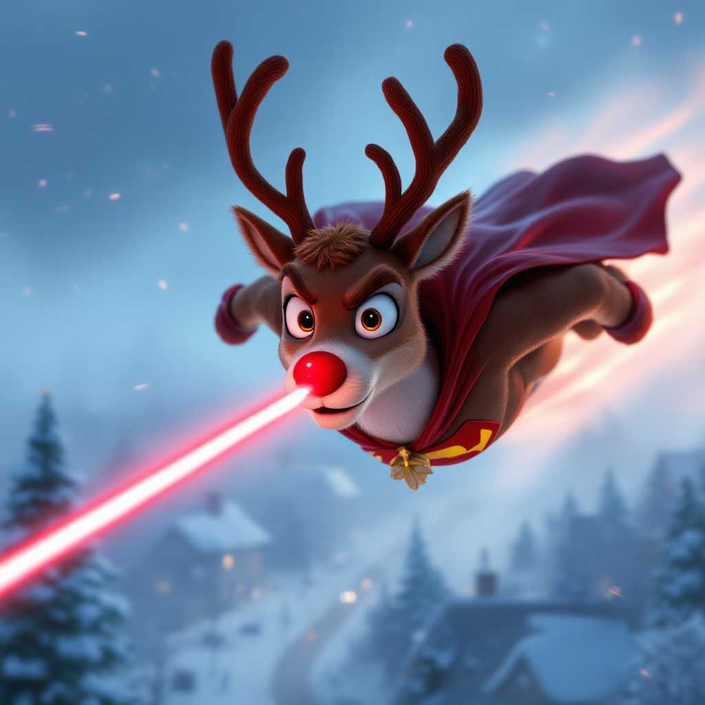 futurama style american cartoon of a, Rudolph the Red Nosed Reindeer flying in sky over neighborhood with street, on a foggy Christmas Eve. His red nose is beaming a penetrating red sonic laser beam through the fog. He is wearing superman costume, and has a very determined look on his face. His brow is furrowed as if he is straining to go as fast as possible, cinematic composition, trending on Artstation. detailed