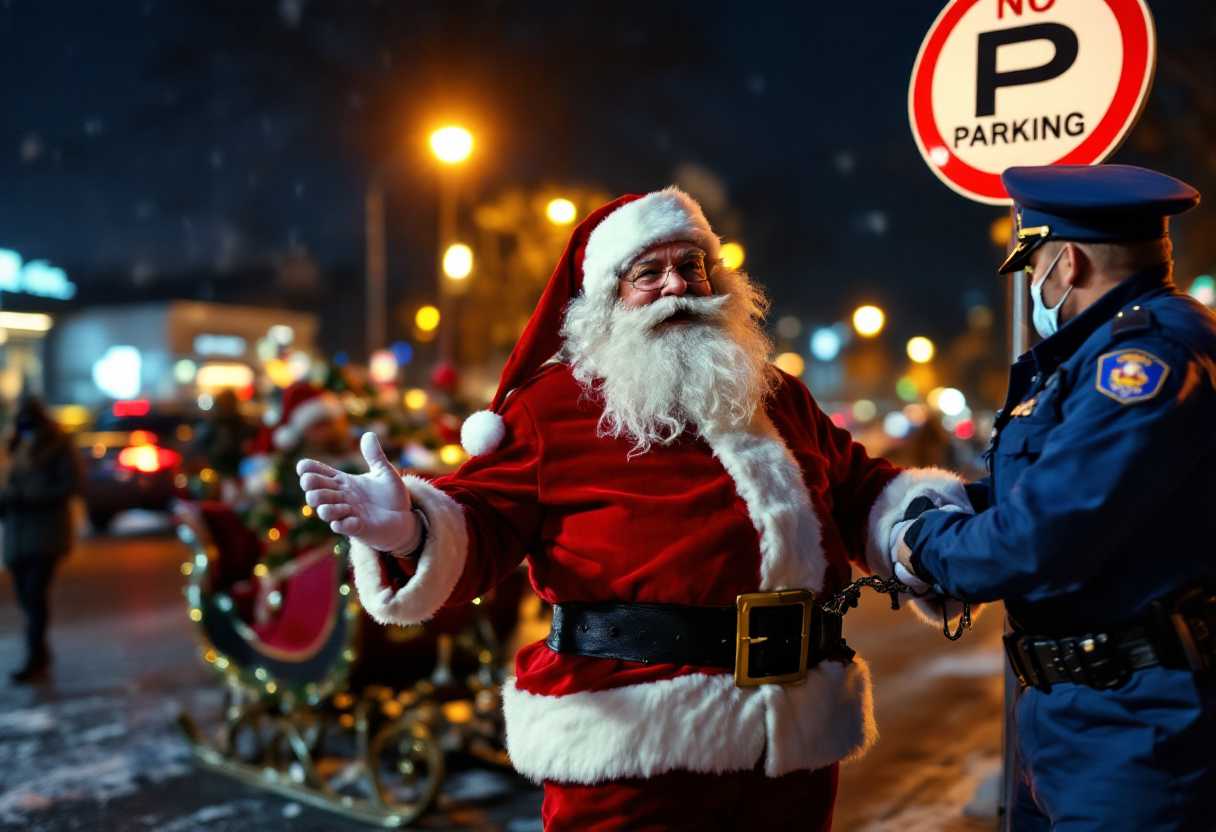 SantaClause being handcuff by police in blue uniform, Behind Santa is A sleigh is parking under No-Parking Sign. BG pedestrian night