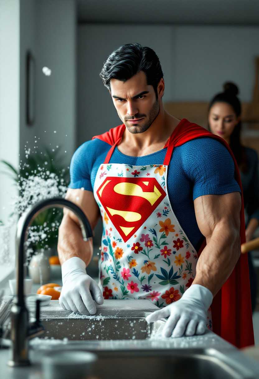 Spectacular photography, 3d, render, cgi, digital noise free, medium plane shot, hyperrealistic, 300 dpi, best angle of view of the superhero "Superman" facing viewer superman logo, who is standing, showing off a white hand with colorful printed flowers apron, with white plastic gloves, next to a sink with the tap open, scrubbing dishes. Detergent foam and water splashes. In the background, a woman with a very serious gesture is holding a wooden roller in her hands. A kitchen with its signature utensils. High contrast between lights and shadows