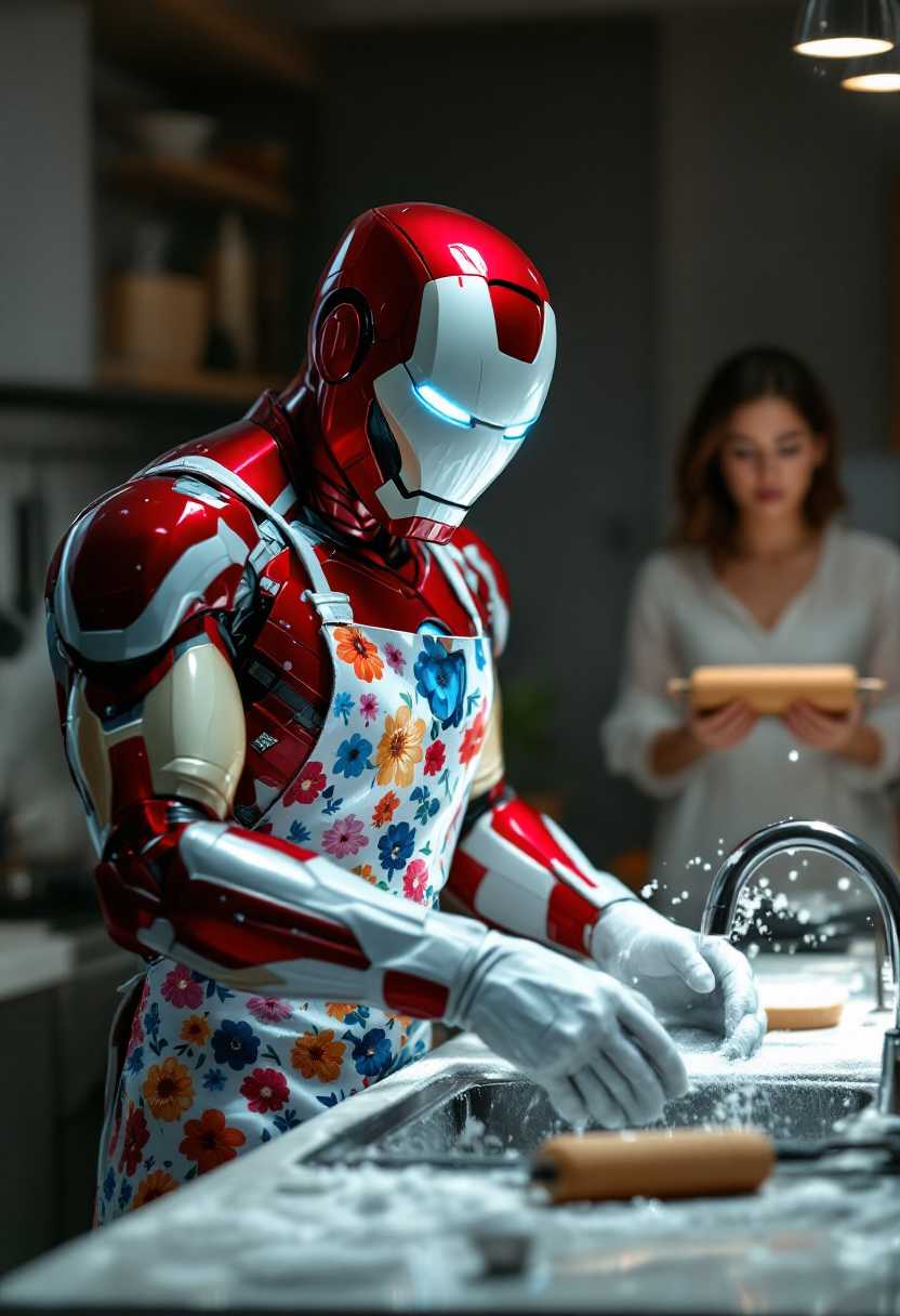 Spectacular photography, 3d, render, cgi, digital noise free, medium plane shot, hyperrealistic, 300 dpi, best angle of view of the superhero "Ironman" facing viewer ironman logo, who is standing, showing off a white hand with colorful printed flowers apron, with white plastic gloves, next to a sink with the tap open, scrubbing dishes. Detergent foam and water splashes. In the background, a woman with a very serious gesture is holding a wooden roller in her hands. A kitchen with its signature utensils. High contrast between lights and shadows
