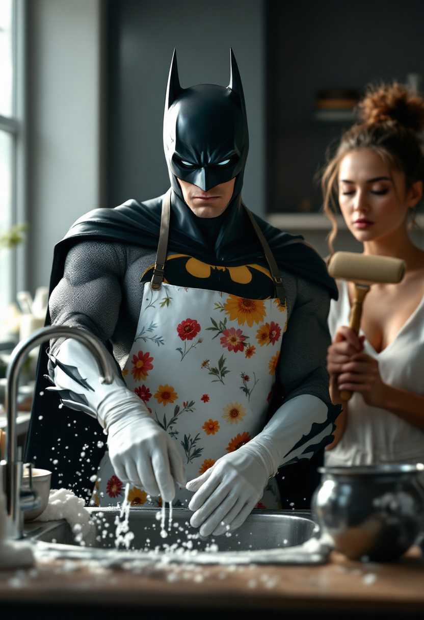 Spectacular photography, 3d, render, cgi, digital noise free, medium plane shot, hyperrealistic, 300 dpi, best angle of view of the superhero "batman" facing viewer batman logo, who is standing, showing off a white hand with colorful printed flowers apron, with white plastic gloves, next to a sink with the tap open, scrubbing dishes. Detergent foam and water splashes. In the background, a woman with a very serious gesture is holding a wooden roller in her hands. A kitchen with its signature utensils. High contrast between lights and shadows
