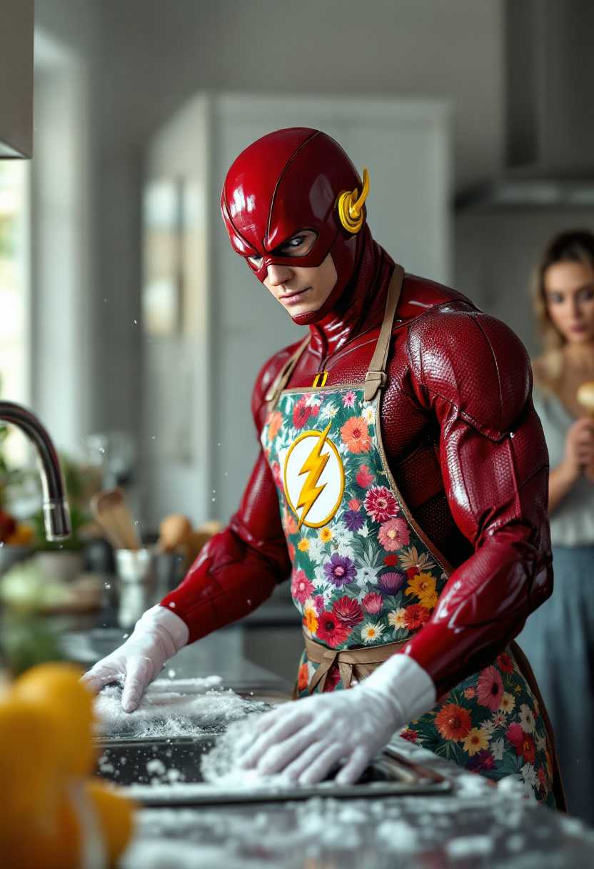 Spectacular photography, 3d, render, cgi, digital noise free, medium plane shot, hyperrealistic, 300 dpi, best angle of view of the superhero "The Flash" facing viewer The Flash logo, who is standing, showing off a white hand with colorful printed flowers apron, with white plastic gloves, next to a sink with the tap open, scrubbing dishes. Detergent foam and water splashes. In the background, a woman with a very serious gesture is holding a wooden roller in her hands. A kitchen with its signature utensils. High contrast between lights and shadows