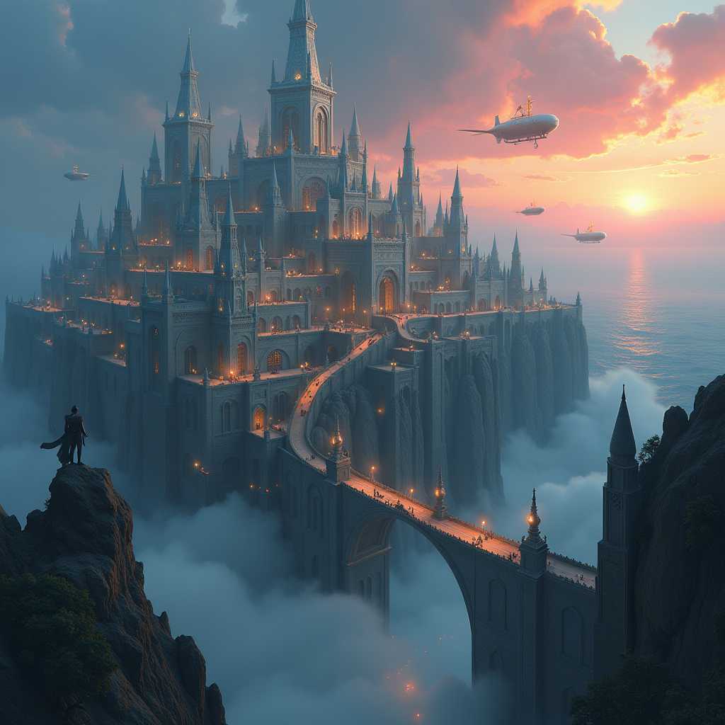 Atlantis, rises dramatically from the ocean, a sprawling Metropolis. towers is a blend of sleek, light White or blue or pink stone and enchanted metals, adorned with glowing magical runes and intricate carvings that reflect the city’s deep history and arcane power. Bridges of various sizes crisscross between parts of the sunken City creating a web of pathways filled with bustling citizens, exotic traders, and mystical creatures. Steampunk style Airships hover in the air, docking at various levels, their golden lights illuminating the fog that drifts lazily through the upper levels of the city. Below, the lower quarters are cast in shadow, filled with narrow alleyways, hidden bazaars, and flickering torchlight. The skyline is alive with a blend of warm and eerie hues as the sun dips beneath the horizon, casting Sharn in an otherworldly glow. The atmosphere pulses with energy, mystery, and the promise of adventure around every corner in this magnificent, vertical cityscape. masterpiece, maximum image detail, 8K high definition, intricate architecture, magical city, glowing runes, airships, enchanted metal, dense cityscape, vibrant sunset, foggy atmosphere, bridges and pathways, epic fantasy setting, ultra-realistic