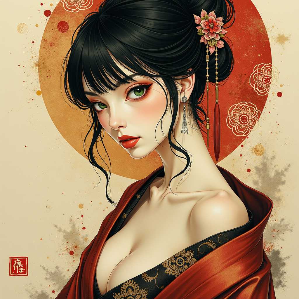 A traditional Japanese ink-on-paper masterpiece blending wabi-sabi aesthetics with a sensual, surreal edge. The artwork features an erotic yet stunning oriental priestess, her delicate face framed by flowing dark hair, bangs, sidelocks. Her captivating green irises glow softly, contrasting against her pale skin, as she gazes seductively at the viewer. Sepia and carmine ink flow harmoniously, She is wearing traditional kimono that slips from her shoulders, revealing deep cleavage. Abstract swirls of henna-hued patterns flow around her form, creating a sense of ethereal movement. Vibrant splashes of surreal colors—a muted crimson, soft gold, and smoky charcoal—enhance the ink composition, giving it life while embracing the imperfections and fluidity of wabi-sabi. The priestess embodies a mystical yet erotic presence, seamlessly merging traditional Japanese beauty with surreal allure