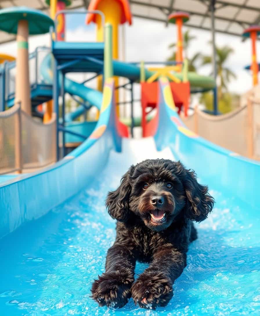 a black poodle slide down a waterslide in a funwaterpark