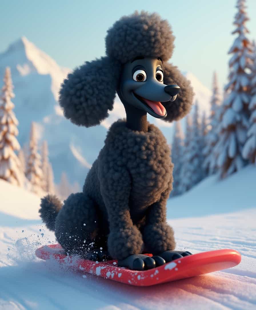 3d art of a tall black smiling poodle sitting on a toboggan sliding down a mountain