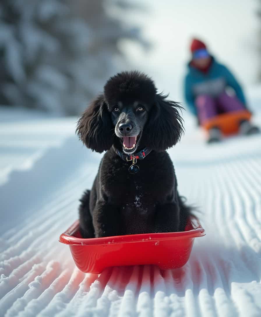 **Image Prompt:**

Create an image of a tall, black poodle with a wide, joyful smile sitting atop a vibrant red toboggan. The poodle's fur is glossy and slightly windswept from the speed of descent, with a playful, lively texture. The toboggan is in motion, gliding down a pristine ski slope covered in a blanket of fresh, powdery snow that sparkles under the soft, natural light of an overcast winter day. 

**Style:**
- Capture the scene in a vibrant, dynamic style reminiscent of a high-speed sports photograph, focusing on the clarity of the poodle while employing motion blur for the background to convey speed and movement.

**Composition:**
- Position the poodle in the center of the frame, slightly off to the left, facing forward with its gaze directed towards the bottom of the slope. 
- The camera angle should be from behind the poodle, capturing the perspective of a skier or spectator watching the descent. 
- Include a skier in the background, blurred by motion, to provide context and depth, enhancing the sense of speed and activity on the slope.

**Mood and Atmosphere:**
- The mood is one of exhilaration and light-hearted fun, with the cold, crisp air of a winter day palpable in the scene. 
- The atmosphere is filled with the sounds of laughter and the swishing of snow, creating an environment of joy and winter sports excitement.

**Technical Aspects:**
- Utilize a shallow depth of field to keep the poodle in sharp focus while the background skier and the surrounding environment are slightly out of focus, emphasizing the subject and motion blur.
- Employ a fast shutter speed to freeze the poodle in motion while allowing the background to blur, capturing the essence of speed and movement. 

**Cohesion:**
- Ensure the color palette reflects the cold winter environment with whites, blues, and the warm red of the toboggan contrasting against the poodle's dark fur, creating a visually striking and cohesive scene. 
- The image should exude a sense of fun, winter sports, and the unique sight of a poodle enjoying the slopes, making for an engaging and memorable photograph.