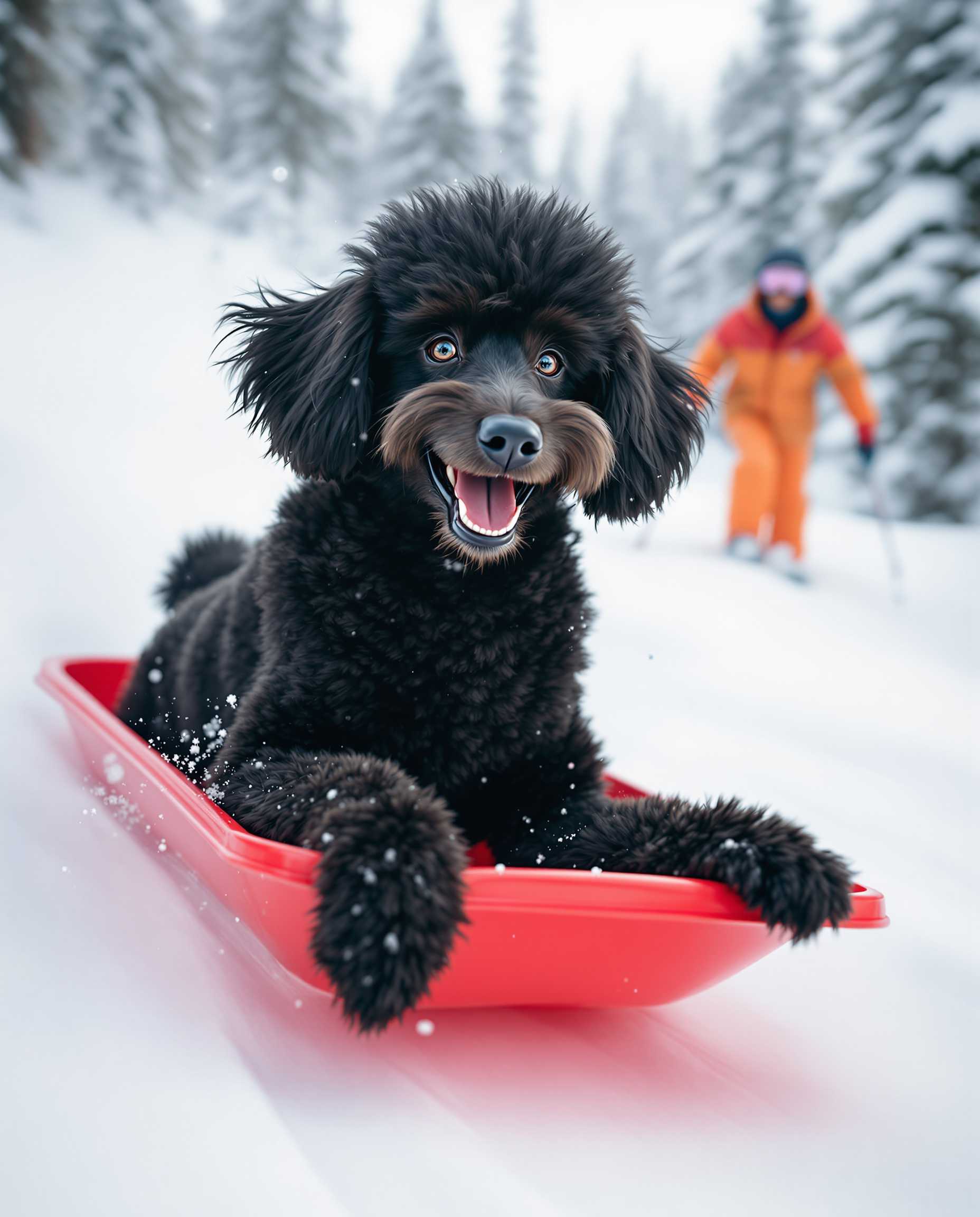 **Image Prompt:**

Create an image of a tall, black poodle with a wide, joyful smile sitting atop a vibrant red toboggan. The poodle's fur is glossy and slightly windswept from the speed of descent, with a playful, lively texture. The toboggan is in motion, gliding down a pristine ski slope covered in a blanket of fresh, powdery snow that sparkles under the soft, natural light of an overcast winter day. 

**Style:**
- Capture the scene in a vibrant, dynamic style reminiscent of a high-speed sports photograph, focusing on the clarity of the poodle while employing motion blur for the background to convey speed and movement.

**Composition:**
- Position the poodle in the center of the frame, slightly off to the left, facing forward with its gaze directed towards the bottom of the slope. 
- The camera angle should be from behind the poodle, capturing the perspective of a skier or spectator watching the descent. 
- Include a skier in the background, blurred by motion, to provide context and depth, enhancing the sense of speed and activity on the slope.

**Mood and Atmosphere:**
- The mood is one of exhilaration and light-hearted fun, with the cold, crisp air of a winter day palpable in the scene. 
- The atmosphere is filled with the sounds of laughter and the swishing of snow, creating an environment of joy and winter sports excitement.

**Technical Aspects:**
- Utilize a shallow depth of field to keep the poodle in sharp focus while the background skier and the surrounding environment are slightly out of focus, emphasizing the subject and motion blur.
- Employ a fast shutter speed to freeze the poodle in motion while allowing the background to blur, capturing the essence of speed and movement. 

**Cohesion:**
- Ensure the color palette reflects the cold winter environment with whites, blues, and the warm red of the toboggan contrasting against the poodle's dark fur, creating a visually striking and cohesive scene. 
- The image should exude a sense of fun, winter sports, and the unique sight of a poodle enjoying the slopes, making for an engaging and memorable photograph.