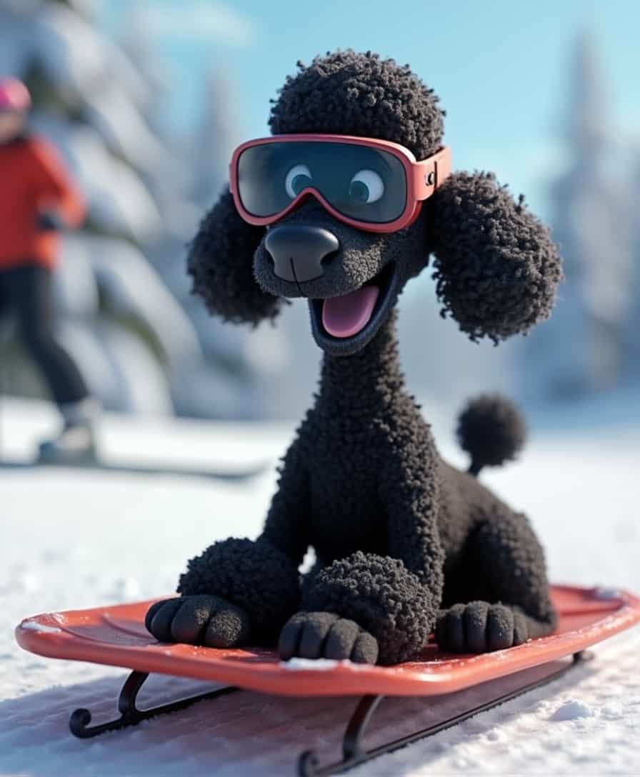 photo of a tall black smiling poodle, wearing ski glases, sitting on a toboggan sliding down a ski slope, skier blurred in background
