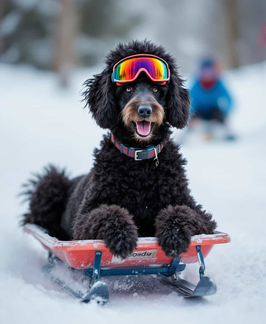 photo of a tall black smiling poodle, wearing ski goggles, sitting on a toboggan sliding down a ski slope, skier blurred in background