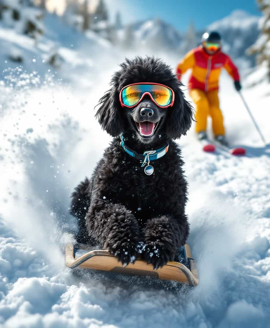 A high-resolution, dynamic photograph showcasing a tall, sleek black poodle with a wide, joyful smile, wearing reflective, colorful ski goggles. The poodle is comfortably seated on a vintage wooden toboggan, its fur slightly tousled by the wind. The scene captures the poodle in mid-slide down a pristine ski slope, with powdery snow kicking up around the toboggan. In the background, a skier in vibrant, professional ski gear blurs past, adding a sense of motion and speed. The lighting is bright with the sun high in the sky, casting long shadows and highlighting the snow's texture. The mood is playful and exhilarating, with a clear, crisp winter day atmosphere. The composition uses a shallow depth of field, focusing sharply on the poodle while the background skier is intentionally blurred, creating a dynamic, fast-paced scene. The image should evoke the thrill of winter sports and the joy of a pet participating in a human activity, captured in the style of sports photography with a touch of humor.