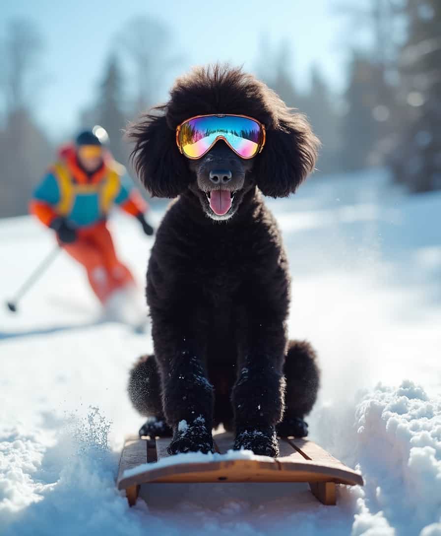 A high-resolution, dynamic photograph showcasing a tall, sleek black poodle with a wide, joyful smile, wearing reflective, colorful ski goggles. The poodle is comfortably seated on a vintage wooden toboggan, its fur slightly tousled by the wind. The scene captures the poodle in mid-slide down a pristine ski slope, with powdery snow kicking up around the toboggan. In the background, a skier in vibrant, professional ski gear blurs past, adding a sense of motion and speed. The lighting is bright with the sun high in the sky, casting long shadows and highlighting the snow's texture. The mood is playful and exhilarating, with a clear, crisp winter day atmosphere. The composition uses a shallow depth of field, focusing sharply on the poodle while the background skier is intentionally blurred, creating a dynamic, fast-paced scene. The image should evoke the thrill of winter sports and the joy of a pet participating in a human activity, captured in the style of sports photography with a touch of humor.