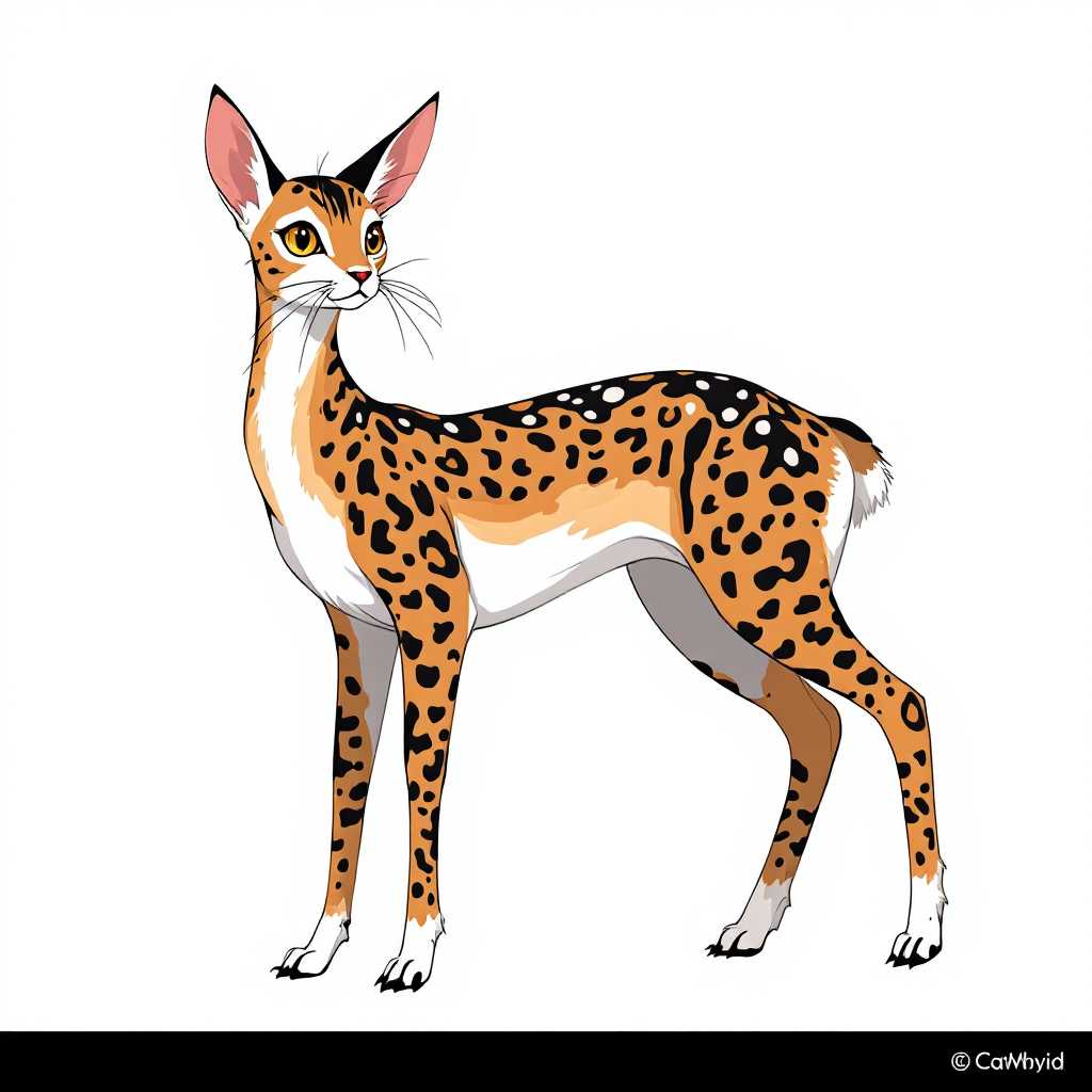 Body:

    Build: The hybrid would have a slender, athletic build, combining the grace of a deer with the agility of a cat.
    Fur: The fur would be soft and sleek, with a blend of spotted patterns like a deer and tabby stripes like a cat. The color could be a mix of browns, blacks, and whites, creating a unique and beautiful coat.

Head:

    Face: The face would have the delicate features of a deer, with large, expressive brown eyes and a gentle muzzle.
    Ears: The ears would be tall and pointed like a deer's, but with the mobility and sensitivity of a cat's ears, allowing for enhanced hearing.
    Whiskers: Long, cat-like whiskers would adorn the face, providing additional sensory input.

Limbs:

    Legs: The legs would be long and powerful like a deer's, perfect for running and leaping, but with retractable claws like a cat's for climbing and grasping.
    Hooves/Paws: The feet could be a blend of deer hooves and cat paws, allowing for both sure-footedness on various terrains and the ability to grip and climb.

Tail:

    Tail: The tail would be long and elegant like a deer's, but with the ability to puff up like a cat's tail when excited or threatened, adding a playful and expressive element.

Additional Features:

    Horns/Antlers: Small, delicate antlers or horns could adorn the head, adding a touch of majesty and uniqueness.
    Markings: Distinctive markings, such as spots or stripes, could run along the back and legs, enhancing the hybrid's appearance