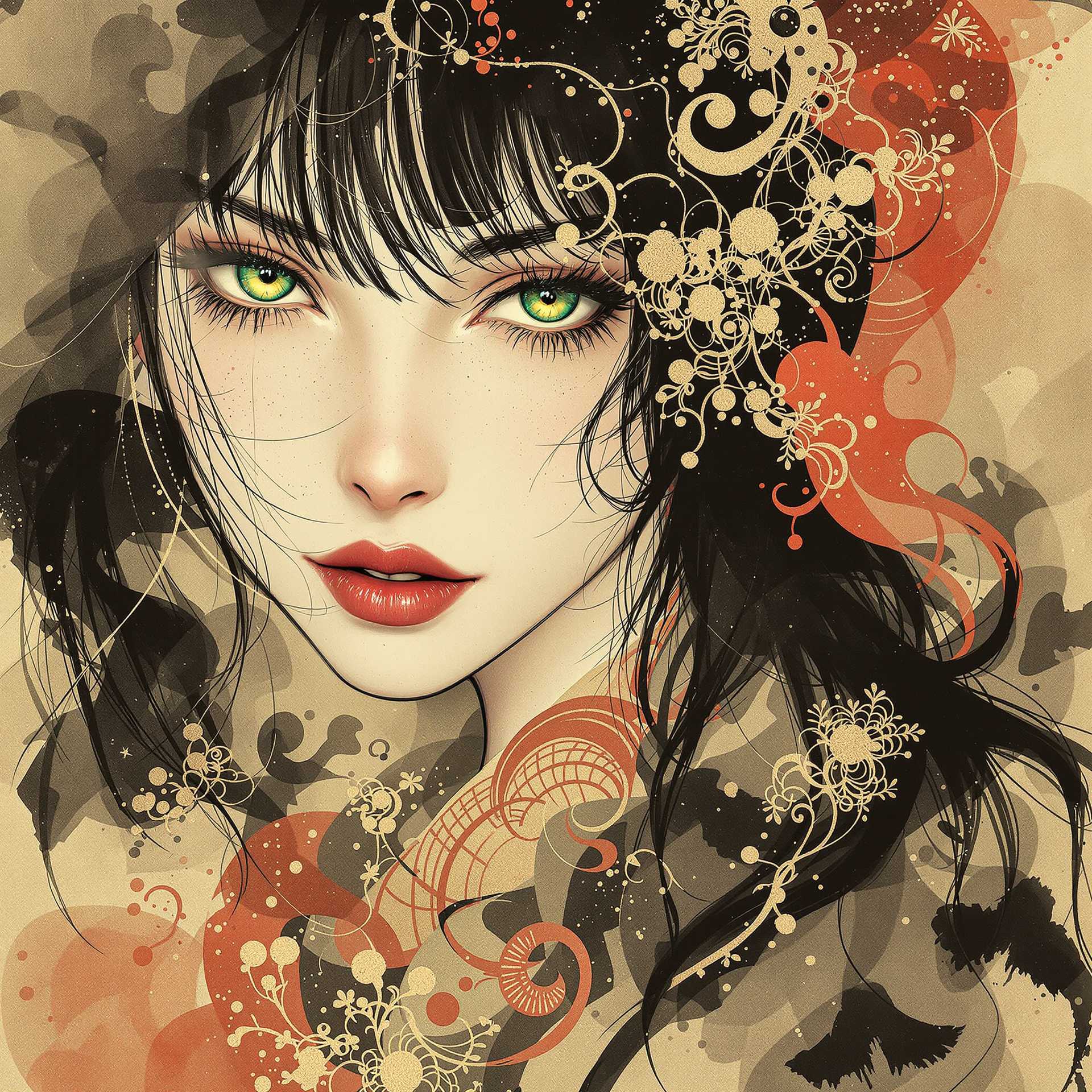 A traditional Japanese ink-on-paper masterpiece blending wabi-sabi aesthetics with a sensual, surreal edge. The artwork features an erotic yet stunning priestess, her delicate face framed by flowing dark hair, bangs, sidelocks. Her captivating green irises glow softly, contrasting against her pale skin, as she gazes seductively at the viewer. Sepia and carmine ink flow harmoniously, She is wearing traditional kimono that slips from her shoulders. Abstract swirls of henna-hued patterns flow around her form, creating a sense of ethereal movement. Vibrant splashes of surreal colors—a muted crimson, soft gold, and smoky charcoal—enhance the ink composition, giving it life while embracing the imperfections and fluidity of wabi-sabi. The priestess embodies a mystical yet erotic presence, seamlessly merging traditional Japanese beauty with surreal allure
