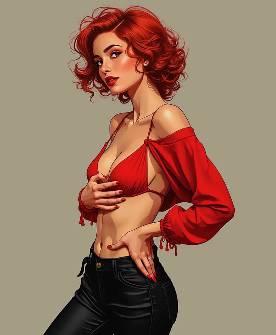 Sexy Gorgeous Woman, The image features a woman with a profile view, showcasing a poised and elegant stance. The individual is adorned in a striking red string bikini. The subject is wearing a pair of black pants that are formfitting, accentuating the figure. The pants have a subtle sheen, suggesting a possible satin or silk blend, and are cinched at the waist with a thin belt, which adds a touch of sophistication to the ensemble. The individuals hair is styled in a short, curly fashion, with the curls cascading in waves around the head and neck. The hair color is a vivid red, which complements the blouse and adds a pop of color to the overall palette of the outfit. The hairs texture is rendered with a lifelike quality, with individual strands and highlights that give the curls volume and dimension. The subjects pose is graceful and confident, with one hand resting on the hip and the other gently touching the waist, suggesting a selfassured demeanor. The positioning of the hands and the slight turn of the body create a sense of movement and dynamism within the stillness of the image. The overall aesthetic of the image is reminiscent of a stylized illustration, with a focus on the interplay of light and shadow, which adds depth and realism to the subjects form and the textures of the clothing. The color scheme is warm and inviting, contrast to the cool tones of the black pants and the neutral background.