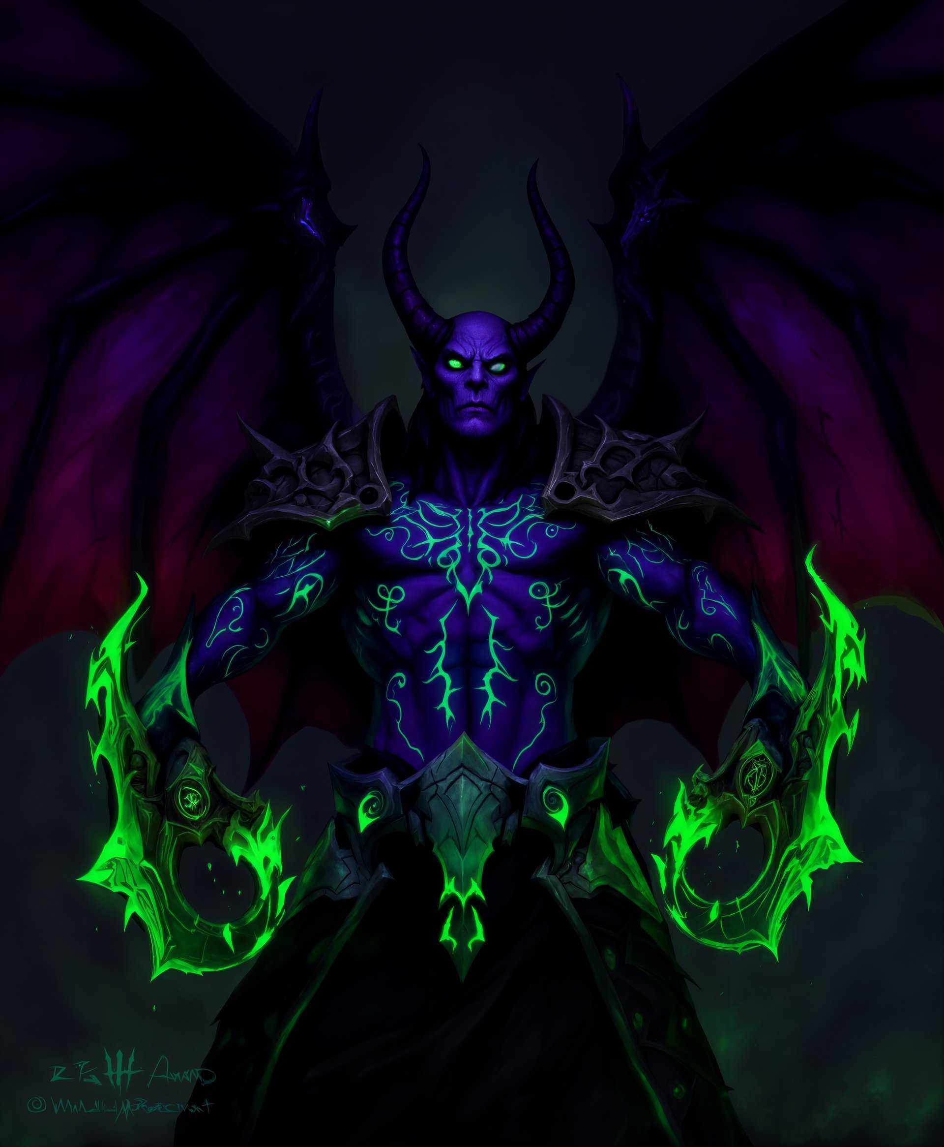 masterpiece, best quality, highres, sharp image, more detail, masterpiece, best quality, highres, sharp image, more detail, High-resolution digital painting of **Illidan Stormrage** from "World of Warcraft," showcasing his demonic transformation. Illidan stands in a dynamic pose, with his iconic **Warglaives of Azzinoth** drawn and glowing with a fel green energy. 

**Visual Details:**
- **Skin:** Deep purple with glowing green tattoos that swirl in intricate patterns across his body.
- **Eyes:** Piercing white eyes with no pupils, set into a stern, focused face.
- **Wings:** Massive, leathery wings with a skeletal structure, slightly unfurled for dramatic effect, edges tinged with green fel fire.
- **Armor:** Minimalistic yet detailed with demonic motifs, a chest piece that resembles a ribcage, and shoulder guards that mimic demonic horns.
- **Weapons:** The Warglaives are finely detailed, each blade shimmering with fel energy, runes etched along their length that pulse with power.

**Style:**
- **Artistic Influence:** Draws inspiration from fantasy art, with a nod to the dark, gothic style of H.R. Giger's biomechanical designs.
- **Technique:** High contrast and saturation, with a focus on photorealistic rendering of textures and lighting.

**Composition:**
- **Framing:** Close-up shot, with Illidan slightly off-center to convey motion and energy. The background is a blur of demonic energy or a shadowy, battle-torn landscape.
- **Lighting:** Dramatic backlighting with key light highlighting Illidan's face and weapons, creating a silhouette effect on his wings and body.

**Mood and Atmosphere:**
- **Ambiance:** A sense of impending battle, with an aura of dark magic and chaos.
- **Time of Day:** Twilight, with an eerie green glow from fel energy dominating the scene.

**Technical Aspects:**
- **Resolution:** 4K resolution for crisp details.
- **Depth of Field:** Shallow to focus on Illidan, with his weapons and face in sharp detail while the background fades into a mystical blur.
- **Color Palette:** Dominated by dark purples, blacks, and glowing greens, with occasional highlights of fiery reds and oranges.

**Cohesion:** The scene is crafted to capture Illidan's intense personality, his demonic power, and the lore of "World of Warcraft," ensuring a cohesive, immersive depiction of this iconic character.