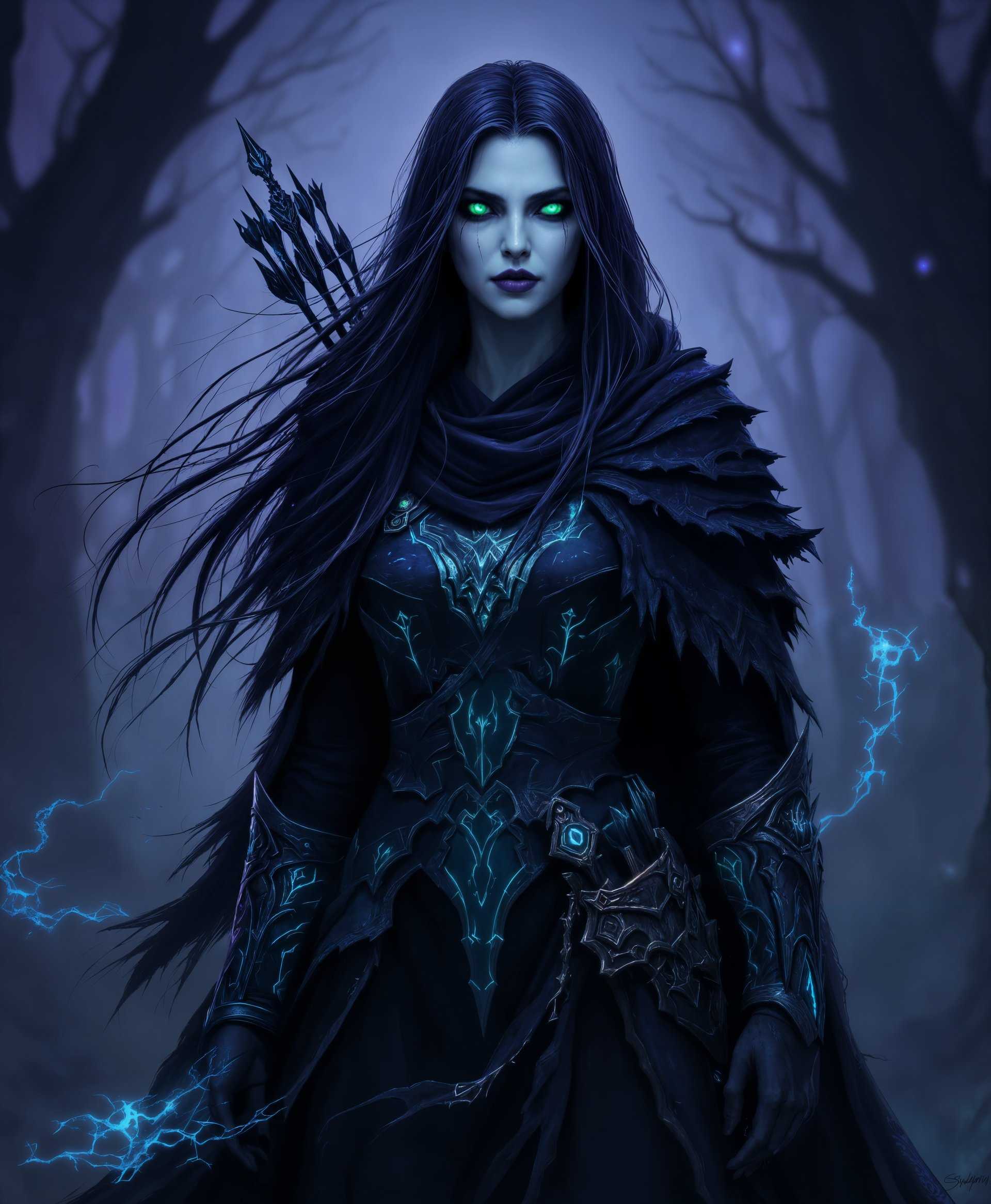 masterpiece, best quality, highres, sharp image, more detail, masterpiece, best quality, highres, sharp image, more detail, Create a high-resolution, ultra-detailed image of **Sylvanas Windrunner** from "World of Warcraft". She stands majestically in the ethereal, twilight-lit forest of the **Shadowlands**, her figure exuding an aura of both darkness and nobility:

- **Visual Details**: Sylvanas is dressed in her iconic, flowing, dark, tattered robe that seems to ripple with shadows. Her skin is pale, almost translucent, contrasting with her dark hair flowing like a silken banner. Her eyes burn with an otherworldly green fire, reflecting her Banshee Queen essence. Her bow, **Frostmourne**, is slung over her shoulder, its icy blue glow casting eerie reflections on her armor. The quiver on her back holds arrows with ghostly wisps trailing from them.

- **Style**: The image captures Sylvanas in a **fantasy art** style reminiscent of Greg Rutkowski, with an emphasis on atmospheric depth and luminescence. The rendering should showcase high contrast lighting to highlight her spectral features against the dark, foreboding environment.

- **Composition**: Sylvanas is centrally positioned, her figure framed by ancient, gnarled trees. Her posture is regal and commanding, with one hand extended, summoning dark energy. The camera angle is slightly below her eye level, looking up to emphasize her power and dominance.

- **Mood and Atmosphere**: The scene is set at dusk, with a heavy mist swirling around the trees, creating a sense of mystery and foreboding. The ambient light is soft and diffuse, giving the image a surreal, dreamlike quality, yet with an underlying tension of imminent battle or confrontation.

- **Technical Aspects**: Utilize **HDR** (High Dynamic Range) techniques to capture the full spectrum of lighting from the darkest shadows to the brightest highlights. Apply **bokeh** to the background to focus attention on Sylvanas, and use **depth of field** to blur the distant forest, enhancing the focus on her. 

- **Cohesion**: All elements blend seamlessly to tell a story of Sylvanas' transformation and power within the **Shadowlands**, creating an image that is both visually compelling and narratively rich.