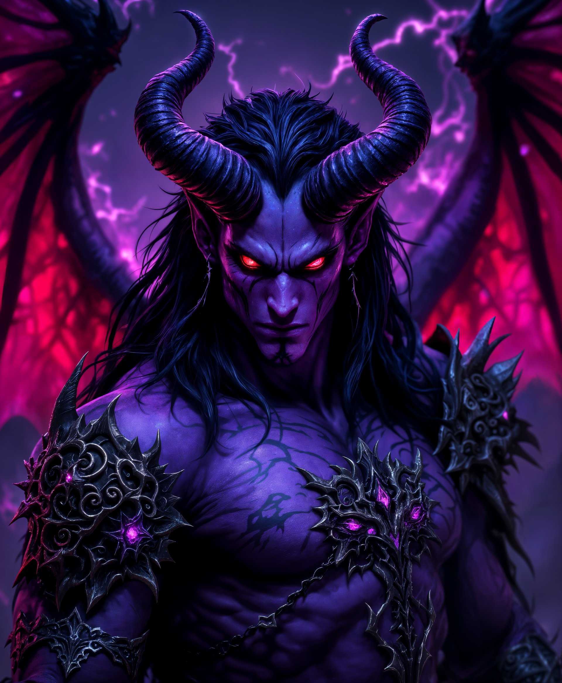 masterpiece, best quality, highres, sharp image, more detail, ```plaintext
Create a hyper-realistic, ultra-high resolution image of **Illidan Stormrage** from the "World of Warcraft" series, showcasing his iconic traits:

**Visual Details:**
- **Illidan's Appearance:** His skin should be a vibrant purple, with demonic tattoos glowing faintly in the dark. His eyes should burn with fel energy, reflecting an otherworldly intensity.
- **Wings:** His demonic wings should be leathery, with intricate, bone-like structures visible through the membranes. They should look as if they could unfurl menacingly at any moment.
- **Weapons:** Warglaives of Azzinoth, the twin blades, should be depicted with a sinister glow, their metalwork etched with demonic runes that pulse with arcane energy.

**Style:**
- **Artistic Influence:** Draw inspiration from **Dark Fantasy** and **High Fantasy** art, with elements reminiscent of the intricate designs found in medieval fantasy illustrations.
- **Photography Technique:** Employ techniques like **HDR** to enhance the vividness of colors and **Depth of Field** to focus on Illidan while subtly blurring the background.

**Composition:**
- **Subject Positioning:** Illidan stands in a battle-ready pose, one blade raised high, the other low, ready to strike. His wings are slightly spread, framing him in a dynamic, triangular composition.
- **Camera Angle:** A **low angle shot** to emphasize his imposing presence, with the camera positioned slightly to the side to capture the depth of his wings and the gleam of his weapons.

**Mood and Atmosphere:**
- **Setting:** The scene is set at dusk in a desolate, shattered landscape, with the sky a mix of deep purples and fiery oranges, reflecting Illidan's inner turmoil and power.
- **Lighting:** Use **directional lighting** to cast dramatic shadows, highlighting his demonic features, with the glow from his tattoos and blades providing an eerie, internal light source.

**Technical Aspects:**
- **Resolution:** Ensure the image is at least **4K** to capture the intricate details of his armor, the runes on his weapons, and the texture of his wings.
- **Color Grading:** Apply a **cool color palette** with contrasting **warm tones** from the environment to enhance the mystical and dark fantasy elements.

**Cohesion:**
- All elements should work together to portray Illidan as both a tragic hero and a fearsome demon hunter, with every detail from his attire to the environment reflecting his complex backstory and formidable powers.
```