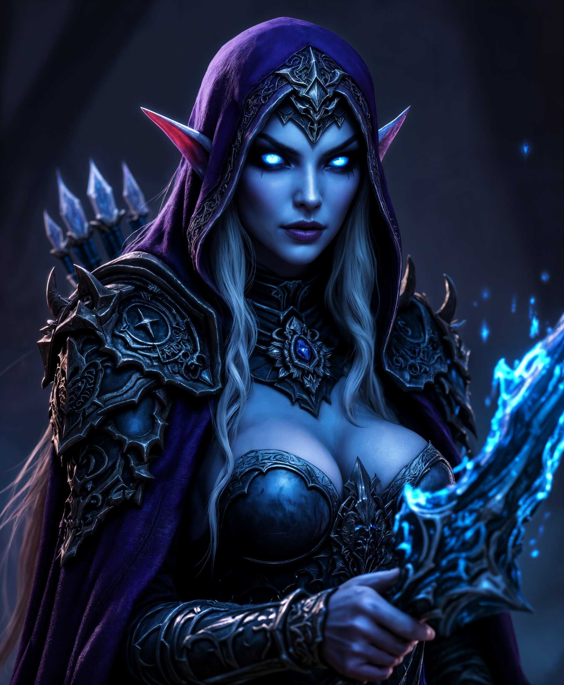 masterpiece, best quality, highres, sharp image, more detail, masterpiece, best quality, highres, sharp image, more detail, Generate a high-resolution, ultra-realistic image of **Sylvanas Windrunner** from "World of Warcraft":

- **Character**: Sylvanas Windrunner, her elven features are both hauntingly beautiful and fierce, with piercing blue eyes that glow with the light of the afterlife. Her skin has a subtle ethereal glow, suggesting her undead nature.

- **Attire**: She wears her iconic dark, ornate armor adorned with bones, skulls, and spectral motifs, reflecting her role as the Banshee Queen. The armor is intricate, with dark, muted colors like deep purples, blacks, and hints of silver.

- **Weapons**: Sylvanas holds her **bow**, Longbow of the Windrunner, with an arrow nocked, ready for battle. The bow's wood appears ancient, with runes glowing faintly. Her other weapon, **Frostmourne**, is partially visible, its icy blue blade shimmering with an eerie light, chains and spirits swirling around it.

- **Powers**: Her powers manifest as swirling dark mists around her, with hints of green energy representing her banshee wail. Spectral wings, ghostly and translucent, spread out from her back, giving her an aura of dread.

- **Environment**: She stands in a **forest**, but not one of life; it's a **ghostly forest** with trees that look dead or petrified, their branches twisted and reaching out like skeletal hands. The ground is covered in a fine mist, and the sky is overcast, with a single, pale moon casting an eerie light.

- **Lighting**: The scene is lit with a **cold, bluish light**, enhancing the spectral and otherworldly feel, with shadows that seem to move independently.

- **Composition**: Sylvanas is central, commanding the viewer's attention with her posture exuding both regal command and readiness for battle. The camera angle is slightly low, looking up at her, emphasizing her dominance over her environment.

- **Artistic Style**: The image should be rendered in a **photorealistic** style, capturing minute details of her armor, the texture of the ghostly wings, and the atmosphere with high dynamic range lighting.

- **Mood/Atmosphere**: The overall mood is one of **foreboding and dark majesty**, with an atmosphere of impending conflict, the forest silent except for the whispers of the spirits bound to her will.

- **Technical Aspects**: Utilize **depth of field** to focus on Sylvanas, with the background forest slightly blurred to give a sense of depth