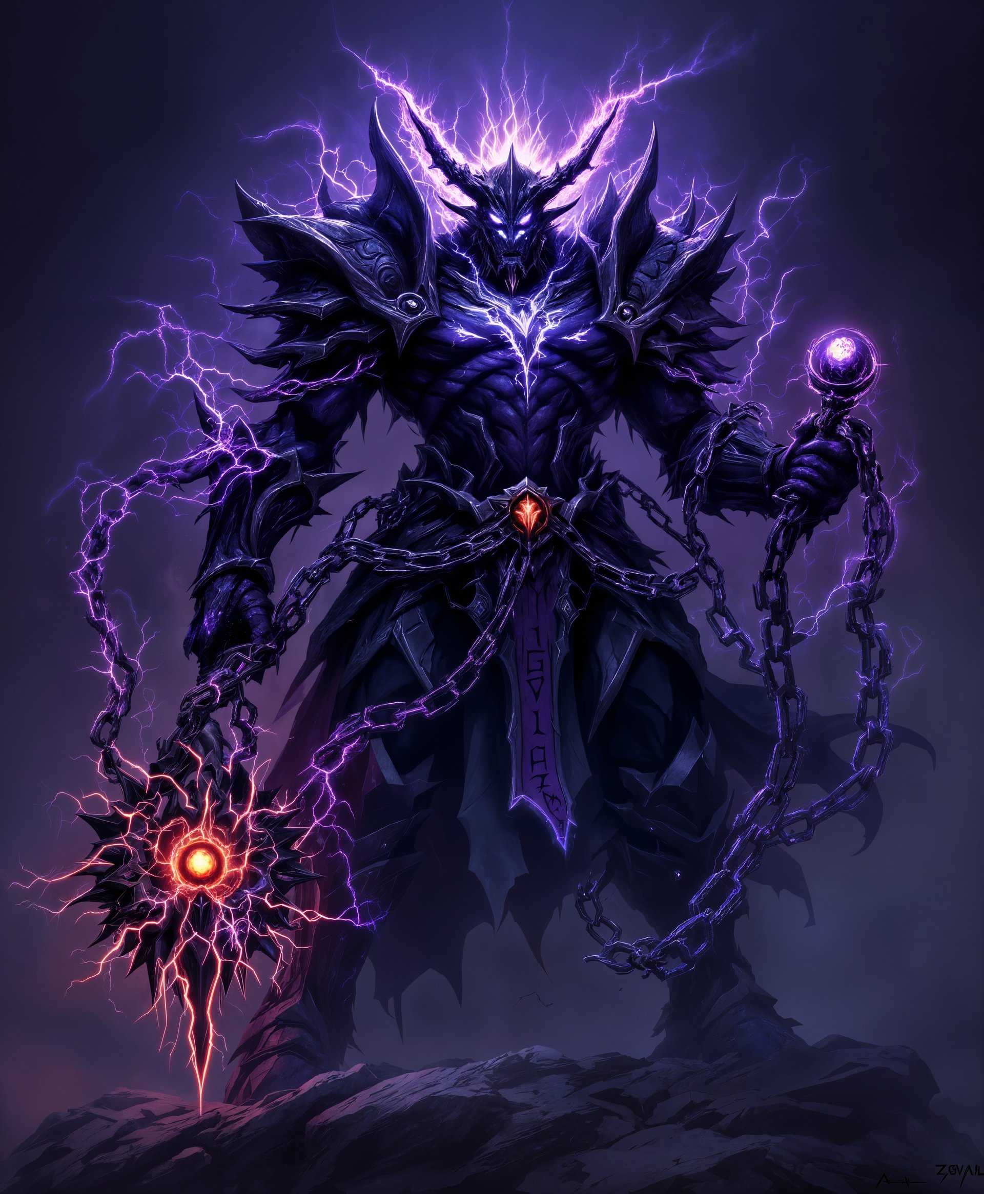 masterpiece, best quality, highres, sharp image, more detail, masterpiece, best quality, highres, sharp image, more detail, A highly detailed, ultra-high-resolution digital painting of Zovaal, the Jailer from World of Warcraft, in his full imposing glory:

**Visual Elements:**
- **Appearance:** Zovaal stands tall and imposing, his form cloaked in dark, ethereal armor with an ominous glow emanating from its edges. His skin appears as if made from the void itself, dark and shifting with shadows.
- **Weapons:** In one hand, he wields the Chains of Domination, a massive, rune-covered chain pulsating with dark energy. In the other, he holds the Scepter of Domination, its head adorned with an orb that crackles with dark lightning.
- **Powers:** His powers manifest as swirling, spectral chains that wrap around him, occasionally snapping out into the void. His eyes burn with a cold, malevolent light, and a dark aura surrounds him, distorting the space around his figure.

**Style:** 
- **Art Style:** Inspired by digital concept art with a mix of dark fantasy and gothic elements, reminiscent of artists like Simon Bisley or Alex Horley, with high contrast and dramatic lighting.
- **Rendering:** Photorealistic with attention to metallic reflections, the glow of runes, and the depth of shadows.

**Composition:**
- **Subject Positioning:** Zovaal is centered, with his body slightly turned to the side, showcasing his imposing silhouette against a chaotic backdrop of the Maw.
- **Camera Angle:** Low angle shot, making Zovaal appear even more formidable, looking down at the viewer with an air of superiority and dread.
- **Framing:** The frame is tight around Zovaal, emphasizing his power and presence, with some negative space above him to allow for the manifestation of his powers.

**Mood and Atmosphere:**
- **Ambiance:** The scene is set in the Maw, with a desolate, otherworldly landscape in the background, bathed in a sickly, greenish light from the sky.
- **Lighting:** Dramatic, with stark contrasts between light and shadow. The light source appears to come from within Zovaal, casting an eerie glow on his surroundings.
- **Mood:** Oppressive, with a sense of doom and eternal damnation, capturing the essence of Zovaal's dominion over the afterlife.

**Technical Aspects:**
- **Resolution:** 4K resolution for maximum detail and visual impact.
- **Dynamic Range:** HDR to capture the full spectrum of light and dark, enhancing the visual depth.
- **Depth of Field:** Shallow depth of