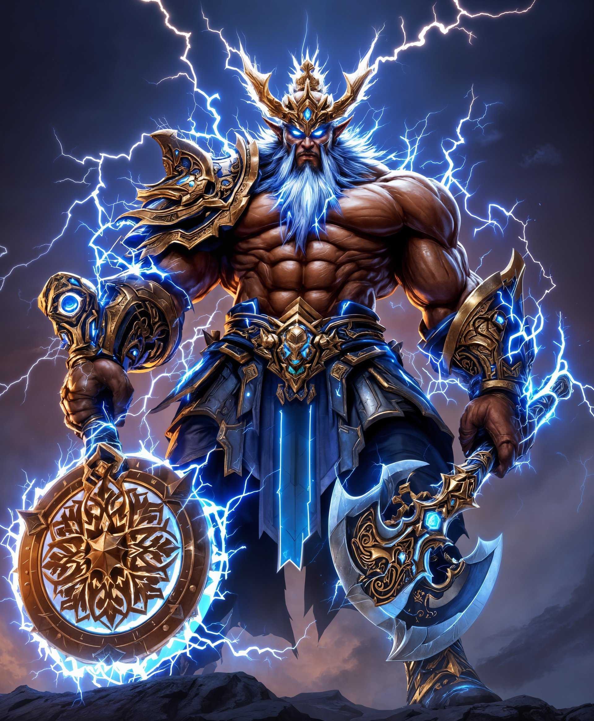 masterpiece, best quality, highres, sharp image, more detail, masterpiece, best quality, highres, sharp image, more detail, A high-resolution, hyper-realistic depiction of **Lei Shen**, the Thunder King from World of Warcraft, capturing his imposing presence:

- **Visual Details**: Lei Shen stands at the center, his massive form dominating the scene. His skin is a metallic bronze, reflecting the light with an almost liquid quality. His eyes glow with an electric blue intensity, sparking with raw power. His armor is adorned with intricate, ancient motifs, each piece reflecting his command over electricity with subtle, glowing blue lines tracing the edges.

- **Powers and Weapons**: He wields the **Decapitator**, a colossal axe with a blade that crackles with electricity, and the **Shield of the Thunder King**, which vibrates with power, creating a visible field of energy around him. Lightning arcs from his hands, illuminating the surroundings in a dazzling display of might.

- **Style**: The image should be rendered in a style reminiscent of epic fantasy art, with a focus on detailed, realistic textures and lighting effects that highlight the supernatural aspects of his abilities.

- **Composition**: Lei Shen is positioned front and center, his gaze directed at the viewer, conveying his authority and dominance. The camera angle is slightly below eye level to emphasize his towering presence. The background shows a stormy sky, with lightning strikes in the distance, reflecting his control over the elements.

- **Mood and Atmosphere**: The atmosphere is charged with tension, the air thick with the anticipation of a storm. The time of day is dusk, with the sky a mix of dark clouds and the last remnants of daylight, creating a dramatic, almost apocalyptic feel.

- **Technical Aspects**: Utilize techniques like rim lighting to enhance the silhouette of Lei Shen against the stormy background, HDRI to capture the dynamic range of light, and particle effects for the lightning and electric arcs.

- **Cohesion**: The entire scene should evoke the feeling of standing before a legendary figure, the Thunder King, in his full, terrifying glory, with every element from his armor to the weather reflecting his dominion over thunder and lightning.