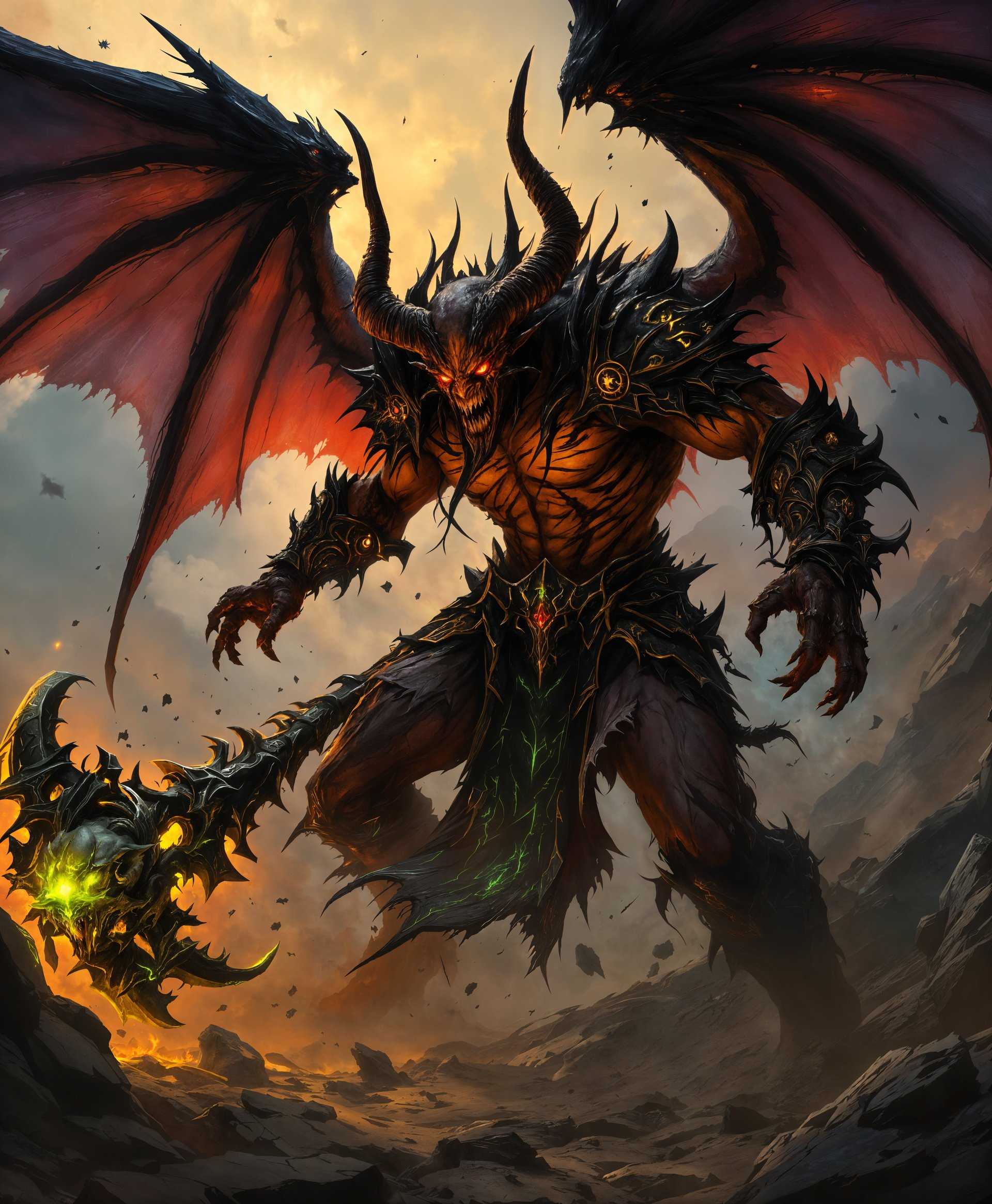 masterpiece, best quality, highres, sharp image, more detail, masterpiece, best quality, highres, sharp image, more detail, Generate a highly detailed and realistic image of Kil'jaeden from "World of Warcraft", showcasing:

**Character Details:**
- **Appearance:** Kil'jaeden in his demonic form, with large, twisted horns, a menacing snarl, and glowing red eyes that convey malevolence. His skin is a deep, burnt orange, with darker, almost black, leathery patches. His wings are vast, bat-like, and tattered, with sinewy veins pulsing with fel energy.
- **Attire:** Clad in dark, ornate armor with intricate runes glowing faintly green, suggesting fel magic. The armor is battle-worn, with spikes and jagged edges, embodying his chaotic nature.
- **Weapons:** His weapon is a massive, twisted staff topped with a skull and glowing with green fel energy. It should look ancient and imbued with dark power.

**Setting:**
- **Environment:** Set against a backdrop of a shattered, volcanic landscape, reminiscent of Argus, with a sky filled with ominous, green-tinged clouds and swirling fel storms.
- **Lighting:** Use dramatic lighting with harsh shadows to emphasize the volcanic landscape and Kil'jaeden's imposing presence. The light should have a greenish hue from the fel energy.

**Artistic Style:**
- **Style:** Inspired by concept art from Blizzard Entertainment, with a mix of dark fantasy art and elements of high fantasy art. Incorporate a painterly quality with visible brush strokes to add depth and texture, while ensuring realism in the character's anatomy and details.
- **Technique:** Utilize chiaroscuro lighting to enhance the dramatic effect, with a focus on the contrast between dark and light to highlight Kil'jaeden's features.

**Composition:**
- **Framing:** Wide shot that captures Kil'jaeden in a dynamic pose, possibly mid-cast, with energy emanating from his staff. Ensure he dominates the frame, with the background enhancing his stature.
- **Camera Angle:** Low angle shot to make Kil'jaeden appear more formidable and towering.

**Mood and Atmosphere:**
- **Ambiance:** The scene should evoke a sense of dread, power, and chaos. The atmosphere should be thick with the scent of sulfur, and the air should feel charged with fel energy.

**Technical Aspects:**
- **Resolution:** 4K resolution with high fidelity to detail, especially in the character's skin texture, the intricate runes on his armor, and the glowing effects of his staff.
- **Focus:** Depth of field should be shallow to keep Kil'jaeden in