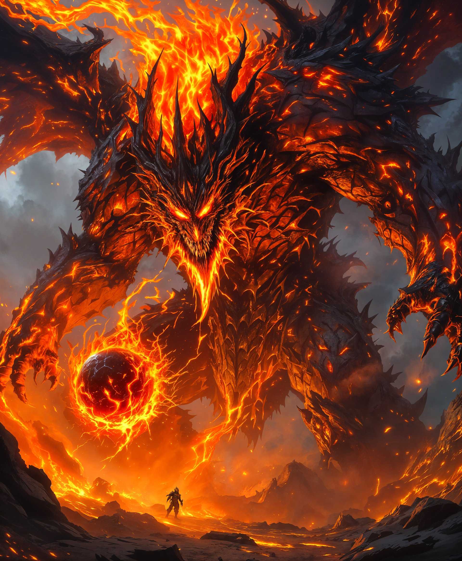 masterpiece, best quality, highres, sharp image, more detail, masterpiece, best quality, highres, sharp image, more detail, ```plaintext
Create a hyper-realistic, high-resolution image of **Deathwing the Destroyer** from the "World of Warcraft" universe:

- **Subject**: Deathwing, the colossal dragon, depicted with his body covered in jagged, molten plates of armor. His scales shimmer with a fiery, volcanic texture, glowing from within with molten lava.
  
- **Powers**: Emanating from his body, depict the intense heat and magma-like energy, with tendrils of fire and smoke billowing around him. His eyes should burn with a fierce, otherworldly glow, and his breath should be a torrent of flame and destruction.

- **Weapons**: Include his iconic weapon, the **Dragon Soul**, held in his claws or integrated into his form, glowing with arcane power, ready to unleash devastating magic.

- **Style**: The image should have a **cinematic fantasy realism** style, capturing the grandeur and terror of Deathwing. Use techniques reminiscent of epic fantasy illustrations by artists like Frank Frazetta or Brom, with a focus on dramatic lighting and shadow play.

- **Composition**: Deathwing should dominate the center of the composition, his wings spread wide, casting a shadow over a desolate, volcanic landscape. The camera angle should be from a low viewpoint, looking up at Deathwing to emphasize his immense size and power, with a wide-angle lens to capture the full scope of his presence.

- **Mood and Atmosphere**: The atmosphere should be one of impending doom and chaos. The time of day should be dusk, with the sun setting behind Deathwing, casting an eerie, blood-red light over the scene, enhancing the apocalyptic feel. The air is thick with ash and smoke, creating a sense of suffocation and despair.

- **Technical Aspects**: Utilize dynamic lighting to highlight the molten cracks in his armor, with the glow casting harsh, contrasting shadows. Depth of field should be shallow to focus on Deathwing, with the background slightly blurred to suggest the vast destruction he has wrought. Employ particle effects for the smoke and embers, and use motion blur for the flames to convey the intensity of his fiery breath.

- **Cohesion**: Ensure all elements work in harmony to portray Deathwing as a force of nature, a godlike entity of destruction whose very presence reshapes the world around him, creating a scene that feels both awe-inspiring and terrifying.
```