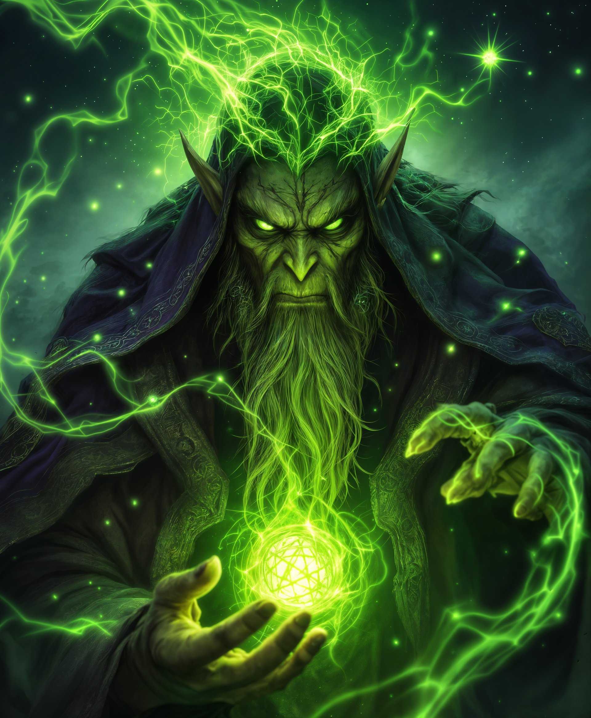 masterpiece, best quality, highres, sharp image, more detail, masterpiece, best quality, highres, sharp image, more detail, ```plaintext
Create a hyper-realistic, high-resolution image of **Gul'dan** from the "World of Warcraft" game series, capturing the essence of his dark sorcery:

- **Visual Details:** 
  - **Character:** Focus on Gul'dan's aged, orcish features, with deep-set eyes glowing with malevolent energy, intricate facial tattoos, and a menacing expression. His skin should be greenish with a texture that suggests decay and corruption.
  - **Attire:** Adorn him in tattered robes of dark purple and black, with symbols of fel magic woven into the fabric. The robes should appear both regal and decayed, highlighting his connection to the demonic forces.
  - **Powers:** Emanate a vivid green fel energy around him, creating a halo of dark power. This energy should crackle and flicker, suggesting his immense magical control. Include visual effects like floating skulls or demonic runes in the air.
  - **Weapons:** Equip him with the **Skull of Gul'dan**, a demonic skull radiating green light, and the **Scepter of Sargeras**, a dark, twisted staff with glowing runes that signify his allegiance to the Burning Legion.

- **Style:** 
  - **Artistic Influence:** Channel the dark fantasy aesthetic of concept art by artists like Wei Wang, with a touch of the cinematic realism seen in "Warcraft" movie promotional art.

- **Composition:** 
  - **Layout:** Position Gul'dan in a dynamic pose, perhaps casting a spell or summoning demonic forces. His posture should exude power and dominance, with the Skull of Gul'dan held aloft in one hand and the Scepter of Sargeras glowing ominously.
  - **Camera Angle:** Use a low-angle shot to emphasize his imposing presence, looking up at him with a slight Dutch tilt to add dynamism.

- **Mood and Atmosphere:** 
  - **Setting:** Place him in a dark, ritualistic chamber filled with arcane symbols and demonic imagery. The lighting should be dramatic, with shadows cast by flickering torches and the eerie glow of his fel magic.
  - **Emotion:** Convey a sense of dread, power, and impending doom, with the atmosphere thick with tension and magical energy.

- **Technical Aspects:** 
  - **Depth of Field:** Use a shallow depth of field to focus on Gul'dan, with the background elements slightly blurred to emphasize his importance.
  - **Lighting:** Utilize chiaroscuro lighting techniques to highlight his features and