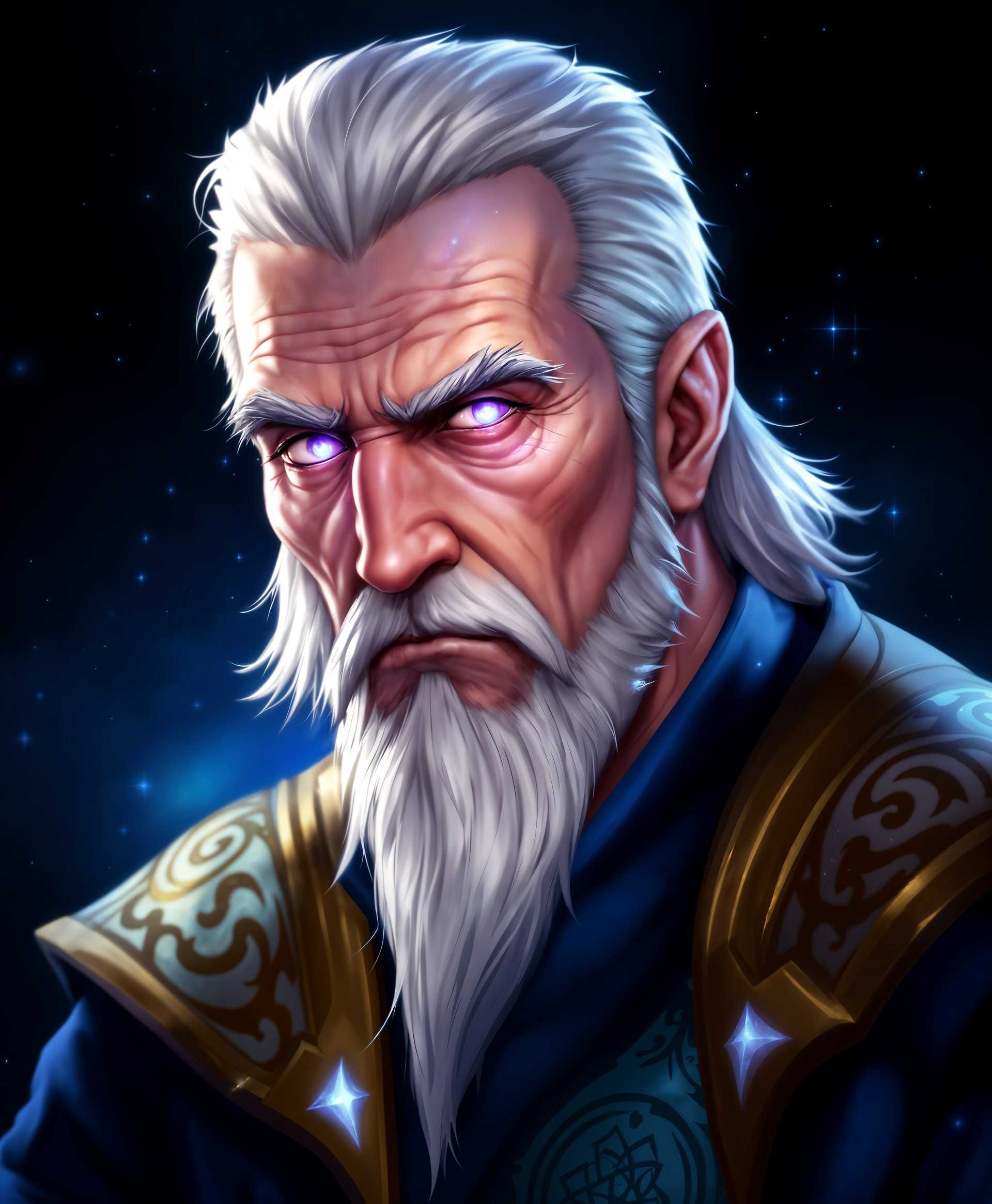 masterpiece, best quality, highres, sharp image, more detail, masterpiece, best quality, highres, sharp image, more detail, **Prompt for Creating a Realistic High-Resolution Image of Khadgar from "World of Warcraft"**

**Subject**: Khadgar, an elderly yet powerful wizard with an aura of wisdom and magic.

- **Appearance**: Khadgar should appear in his iconic blue robe, adorned with arcane symbols. His hair should be white, with a neatly trimmed beard, and his eyes should glow with a subtle violet hue, reflecting his magical prowess.

**Visual Elements**:
- **Lighting**: Use soft, ambient light to highlight his face and robes, creating a contrast with the darker background to emphasize his mystical aura.
- **Color Palette**: Deep blues, purples, and hints of silver to denote his connection to arcane magic. The background should be a gradient from dark blue to black, with sparkles of magical energy.
- **Textures**: His robe should appear slightly luminous, with intricate embroidery shimmering subtly. His skin should show age lines but also a vitality from his magical essence.

**Style**: 
- **Artistic Style**: Merge high fantasy realism with elements of fantasy art, reminiscent of the detailed character designs from Blizzard Entertainment's artwork.
- **Technique**: Photorealistic rendering with elements of digital painting to add a touch of fantasy.

**Composition**:
- **Subject Positioning**: Khadgar stands slightly turned to the side, his right hand raised, channeling a spell, left hand holding a staff adorned with magical runes.
- **Camera Angle**: A low angle shot to convey his power and importance.
- **Framing**: Center frame Khadgar, with the staff and his spell casting hand slightly out of the frame to suggest the extent of his power.

**Mood and Atmosphere**:
- **Mood**: The scene should evoke a sense of power, wisdom, and the mystical. The atmosphere should feel charged with arcane energy.
- **Time of Day**: Night or twilight, to enhance the magical glow of his spell.
- **Ambiance**: Subtle, swirling magical currents in the air around him, with small, floating runes.

**Technical Aspects**:
- **Resolution**: 8K resolution for the highest detail.
- **Depth of Field**: Slightly blurred background to focus on Khadgar, with his magic in sharp focus.
- **Dynamic Range**: High dynamic range to capture the full spectrum of light and shadow, enhancing the magical glow.

**Cohesion**: Ensure that the magical effects, clothing, and environment all harmonize to present Khadgar as a formidable and wise wizard from the "World of Warcraft