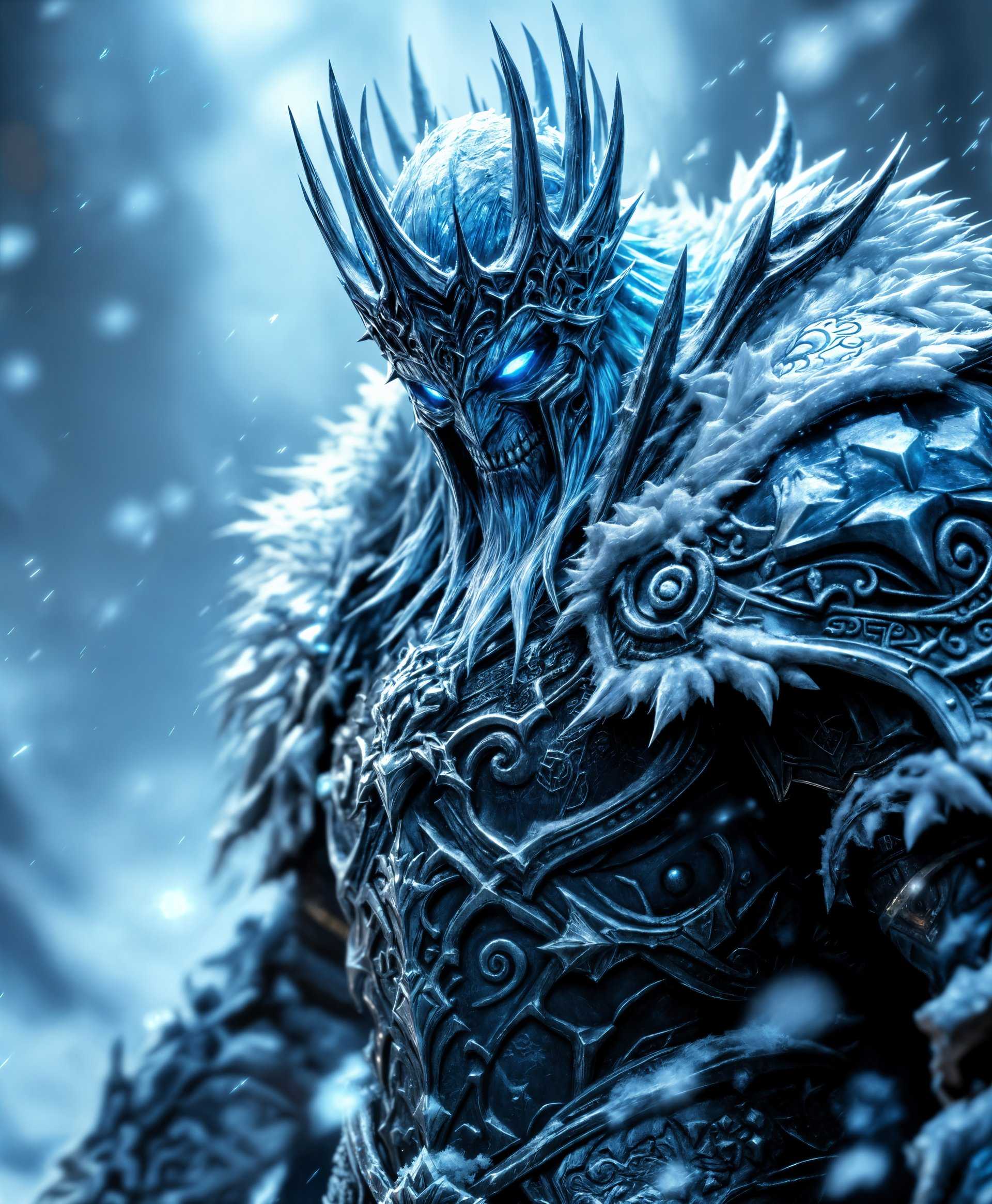 masterpiece, best quality, highres, sharp image, more detail, masterpiece, best quality, highres, sharp image, more detail, Generate a hyper-realistic, high-resolution image of **The Lich King** from "World of Warcraft," focusing on:

- **Visual Details**: 
  - **Armor**: Elaborately crafted plate armor, etched with runic symbols, exuding an aura of frost. The metal should appear ancient yet indestructible, with a bluish sheen to reflect his icy domain.
  - **Crown**: A menacing, spiked crown, forged from dark, shimmering ice, with frost emitting from its jagged edges.
  - **Weapon**: The Frostmourne, a massive, two-handed runeblade with an ornate, skeletal grip and a blade that seems to absorb the light around it, glowing with an eerie blue energy.
  - **Eyes**: Glowing icy blue, piercing through the helm's visor, conveying both malice and sorrow.
  - **Surrounding Environment**: A chilling blizzard swirls around him, with snowflakes and icy particles caught in the air, reflecting the light in a way that enhances the eerie atmosphere.

- **Style**: 
  - **Dark Fantasy**: The image should evoke the dark, epic fantasy style of Blizzard's art, combining elements of gothic horror with high fantasy.
  - **Photorealistic**: Aim for a level of detail that could pass for a high-quality 3D render or a photograph.

- **Composition**: 
  - **Central Focus**: The Lich King should be at the center, dominant and imposing, with the camera angle slightly looking up to emphasize his power and authority.
  - **Framing**: Use a wide angle to include the ominous backdrop of Icecrown Citadel or a frozen wasteland, enhancing the sense of isolation and dread.

- **Mood and Atmosphere**: 
  - **Eerie and Foreboding**: The scene should convey a sense of impending doom, with an atmosphere that feels cold, oppressive, and otherworldly.
  - **Lighting**: A dramatic use of chiaroscuro, with harsh, directional lighting casting deep shadows on the Lich King's armor, highlighting his menacing presence against a backdrop of darkness.

- **Technical Aspects**: 
  - **Depth of Field**: A shallow depth of field to blur the background slightly, focusing attention on The Lich King.
  - **Particle Effects**: Simulate the swirling snow and frost effects to add to the realism of the environment.
  - **High Dynamic Range**: Ensure a wide range of tones to capture the detail in both the dark armor and the bright, glowing elements of Frostmourne and his eyes.

**Prompt**: