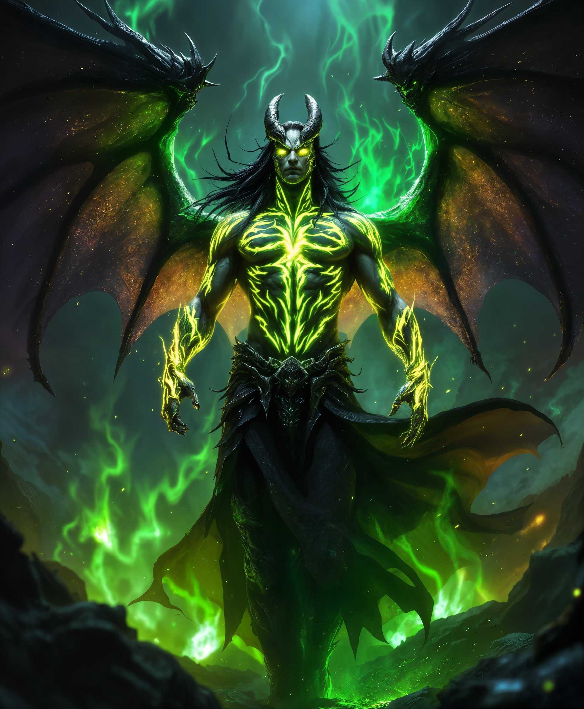 masterpiece, best quality, highres, sharp image, more detail, masterpiece, best quality, highres, sharp image, more detail, A cinematic portrait of Illidan Stormrage, the Betrayer from the "World of Warcraft" universe, set against a dramatic, otherworldly backdrop:

- **Visual Details**: Illidan stands in a wide stance, his body radiating an ethereal glow from the demonic tattoos that cover his skin. His eyes burn with a fel green light, casting eerie reflections in the metallic sheen of his armor. His wings, a mixture of bat-like membranes and demonic scales, are unfurled, creating a sense of power and menace.

- **Colors**: Dominant hues of dark purple, deep green, and black, with accents of glowing green from his tattoos and eyes. The environment reflects these colors, creating a cohesive visual palette.

- **Lighting**: High contrast lighting with a strong rim light effect that outlines Illidan's form against a darker background, highlighting his muscular silhouette. The light source appears to be from his own fel energy, casting an eerie, supernatural glow.

- **Artistic Style**: Inspired by the realism of modern digital art with elements of fantasy art, reminiscent of works by Frank Frazetta or Brom, blending high fantasy with detailed realism.

- **Composition**: Illidan is centered, with his weapons - the Warglaives of Azzinoth - positioned in a dynamic, ready-to-strike pose. The camera angle is slightly low, looking up at him to emphasize his towering, imposing presence. The background features swirling chaos magic, hinting at his powers.

- **Mood and Atmosphere**: The atmosphere is intense and foreboding, with a sense of impending battle or magical confrontation. The air crackles with energy, and the environment suggests a realm touched by the twisting nether or the demonic.

- **Technical Aspects**: Shot with a shallow depth of field to isolate Illidan from the background, using a wide-angle lens for dramatic effect. The image has high dynamic range to capture the luminosity of his eyes and tattoos against the darker scene.

- **Cohesion**: Every element, from the glowing tattoos to the chaotic background, works together to depict Illidan as a powerful, otherworldly figure, blending seamlessly with the lore of "World of Warcraft".