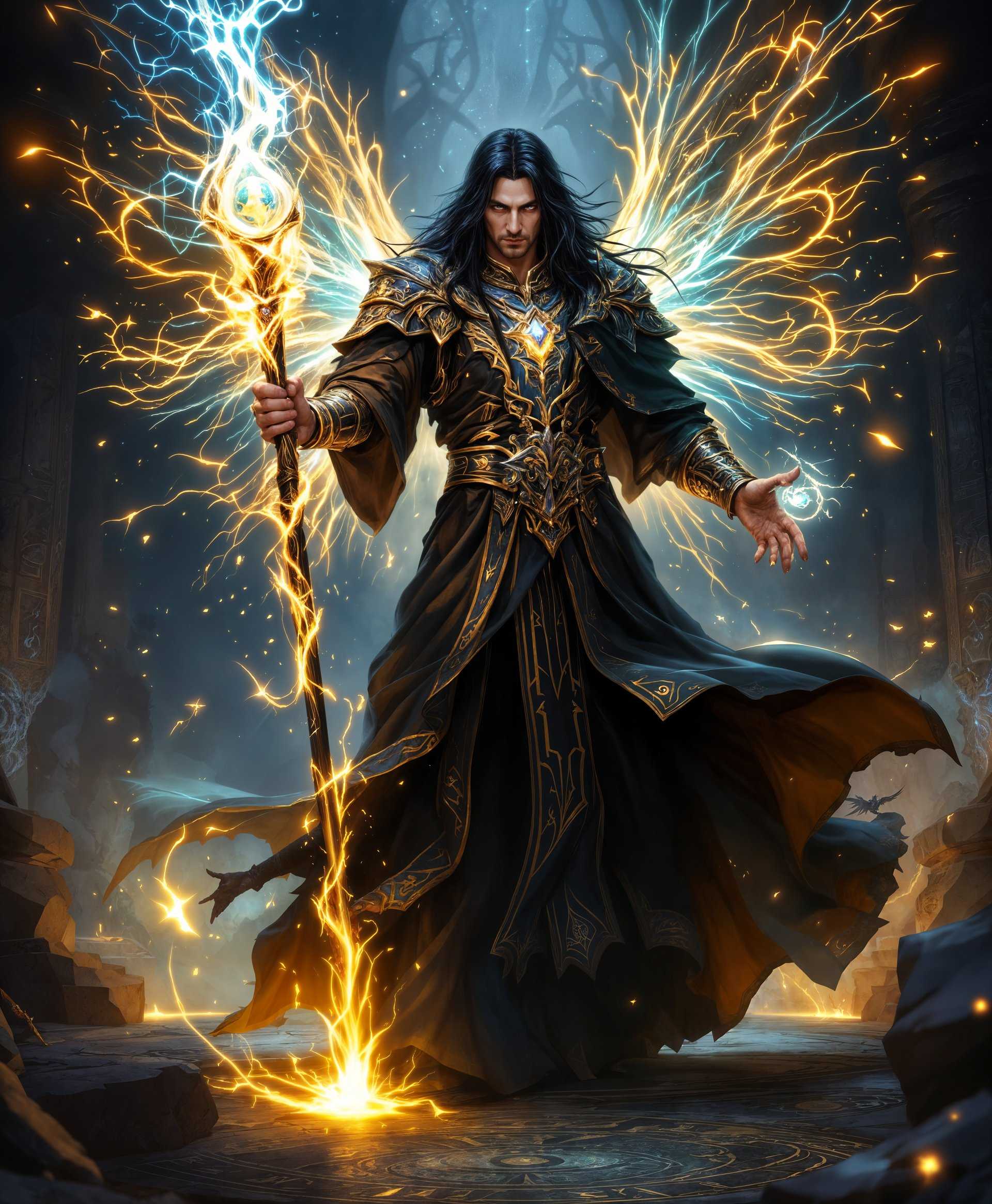 masterpiece, best quality, highres, sharp image, more detail <lora:more_details:0.5> <lora:SDXLrender_v2.0:1>, masterpiece, best quality, highres, sharp image, more detail, Create a highly detailed, realistic image of Medivh from the "World of Warcraft" series, capturing him in a moment of magical prowess:

**Visual Details:** 
- **Medivh's Appearance:** His long, raven-black hair flows freely, with a few strands artfully framing his face. His piercing blue eyes glow with arcane energy. His attire consists of a flowing, dark robe with intricate silver and gold embroidery, the Atiesh, Greatstaff of the Guardian, held in one hand, its crystal orb pulsing with magic.
- **Surroundings:** He stands in a dimly lit chamber within Karazhan, with walls adorned with ancient runes and arcane symbols. The floor beneath him is a mosaic of mystical patterns, reflecting the light from his magic.
- **Magical Effects:** Arcane energy swirls around him, manifesting as glowing runes and ethereal, shimmering wings that spread from his back, giving him an otherworldly aura.

**Style:** 
- The image should emulate the detailed and epic fantasy art style, reminiscent of the concept art by artists like Wei Wang or Samwise Didier, with a focus on realistic textures and lighting effects.

**Composition:** 
- Medivh is centered, with his staff slightly angled, as if he's about to cast a spell. The camera angle is low, looking up at him to emphasize his power and presence. The framing captures the full length of his figure, with the background elements slightly blurred to focus on him.

**Mood and Atmosphere:** 
- The atmosphere is mystical and charged with latent power. The lighting is dramatic, with Medivh illuminated by his own magical energy, casting long shadows and highlighting his features. The air feels thick with magic, as if time itself bends around him.

**Technical Aspects:** 
- Utilize high dynamic range imaging (HDRI) for lighting to capture the depth and contrast of the scene. Employ depth of field to blur the background, focusing the viewer's attention on Medivh. Use motion blur for the magical effects to give a sense of movement and energy.

**Cohesion:** 
- All elements, from Medivh's attire to the arcane environment, should harmonize to depict him as a powerful, enigmatic figure, commanding the very essence of magic in a way that feels true to the lore of "World of Warcraft."