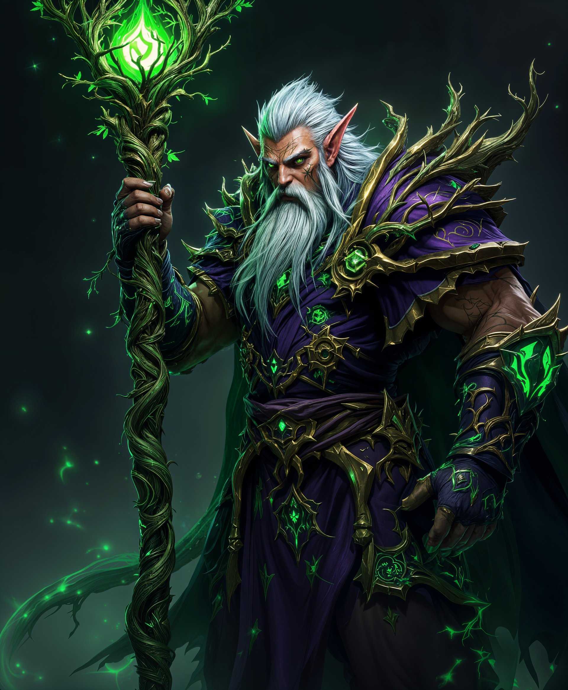 masterpiece, best quality, highres, sharp image, more detail <lora:more_details:0.5> <lora:SDXLrender_v2.0:1>, **High Resolution Realistic Image of Malfurion Stormrage from World of Warcraft**

- **Subject**: Malfurion Stormrage, an ancient Night Elf Druid, in his iconic purple and green armor, wielding the powerful staff, G'Hanir, the Mother Tree, with intricate nature motifs.

- **Style**: Realistic fantasy art, inspired by the detailed character designs of Blizzard Entertainment, with a focus on photorealism in textures and materials.

- **Visual Details**:
  - **Armor**: Deep purple with glowing green runes, detailed with leaves, vines, and thorn patterns, reflecting his connection to nature.
  - **Staff**: G'Hanir, depicted with a glowing emerald core, surrounded by twisting branches and leaves, exuding a soft green light.
  - **Appearance**: Malfurion's face should convey wisdom and age, with intricate tattoos symbolizing his druidic mastery.
  - **Lighting**: A mystical glow from the staff and armor, with ambient forest light filtering through leaves above, casting dappled shadows.

- **Composition**: 
  - **Framing**: Full body shot, with Malfurion standing tall and majestic, his staff held high, channeling nature's energy.
  - **Camera Angle**: Slightly low angle to emphasize his towering presence and command over nature.
  - **Background**: A dense, ancient forest with towering trees, ferns, and undergrowth, creating a sense of depth and mystery.

- **Mood and Atmosphere**: 
  - **Time**: Dusk, with the last rays of sunlight casting a golden hue through the forest canopy.
  - **Weather**: A gentle mist rises from the forest floor, enhancing the ethereal and mystical ambiance.
  - **Ambiance**: A sense of tranquility mixed with the potential for sudden power, reflecting Malfurion's dual nature as both a guardian and a warrior.

- **Technical Aspects**: 
  - **Depth of Field**: Slightly blurred background to focus on Malfurion, emphasizing his presence.
  - **Texture**: High detail on the armor's runes and the staff's wood grain, ensuring a tactile feel to the image.
  - **Color Grading**: Saturated colors with a focus on greens and purples, with a subtle glow effect around Malfurion to signify his magical aura.

- **Cohesion**: All elements should work together to portray Malfurion Stormrage not just as a character from a game, but as a legendary figure in his own right, standing in a realm where magic and nature intertw