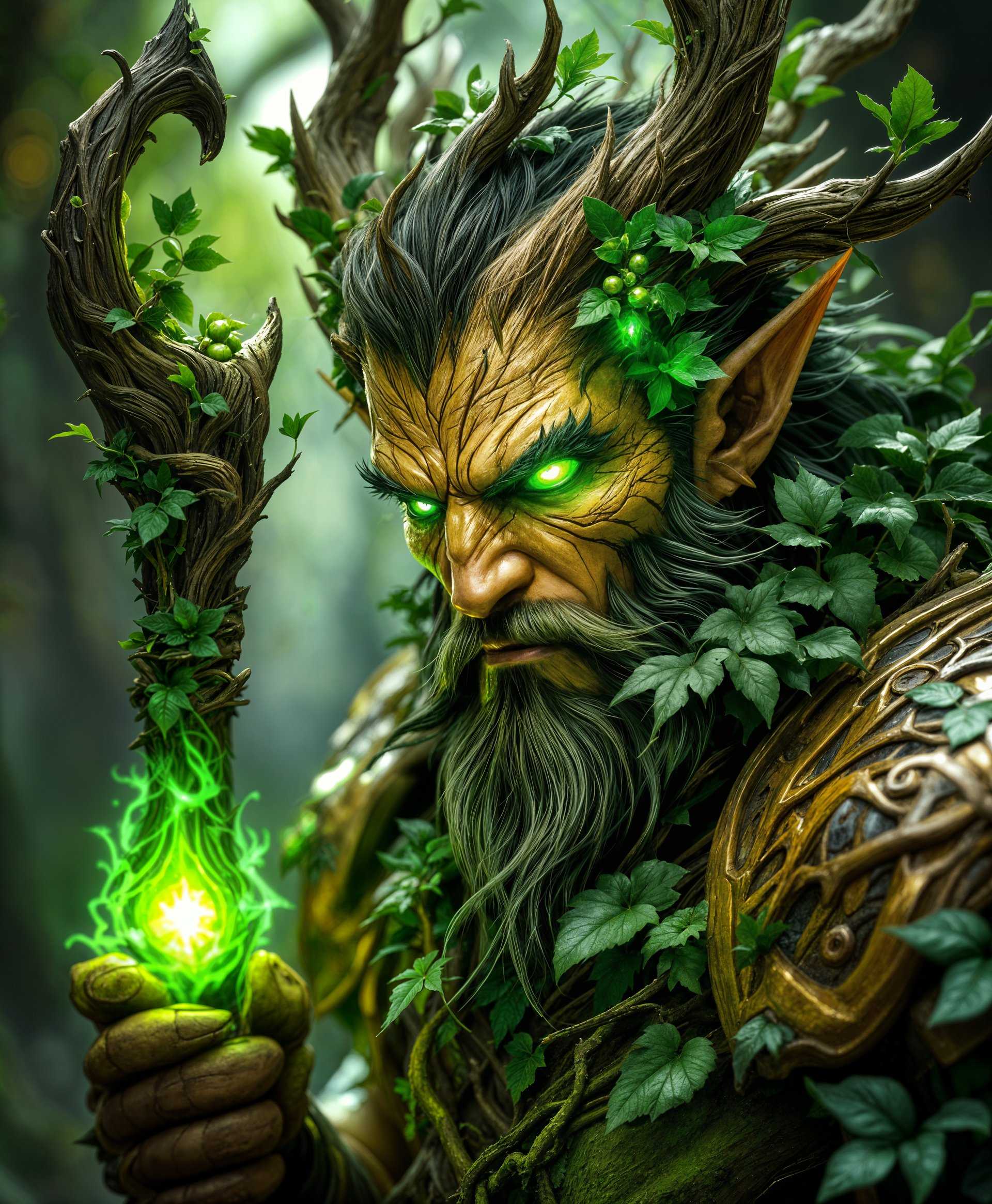 masterpiece, best quality, highres, sharp image, more detail <lora:more_details:0.5> <lora:SDXLrender_v2.0:1>, A photorealistic, ultra-high-resolution portrait of Malfurion Stormrage from "World of Warcraft," showcasing his **nature-infused powers**:

- **Visual Details:** 
  - Malfurion's skin is textured with intricate, bark-like patterns, subtly glowing with an inner green luminescence that reflects his deep connection to nature.
  - His eyes burn with a bright, ethereal green light, symbolizing his druidic power.
  - He is adorned in armor that looks like living wood, with vines and leaves intertwining around his body, giving a sense of organic growth and protection.
  - His weapon, the **G'hanir, the Mother Tree**, is an ancient staff with a gnarled wood design, sprouting fresh leaves and small, mystical fruits, glowing faintly with druidic magic.

- **Style:** 
  - The image should capture the essence of **fantasy realism**, blending the fantastical elements with hyper-realistic textures and details, reminiscent of the works of artists like **Greg Rutkowski** or **Sparth**.

- **Composition:** 
  - Malfurion stands in a dynamic pose, slightly turned, as if he's about to cast a spell or engage in combat. The camera angle is slightly low, looking up to emphasize his power and presence.
  - The background subtly blends into a mystical forest, with towering trees and faint light filtering through the leaves, creating a halo effect around his silhouette.

- **Mood and Atmosphere:** 
  - The scene exudes an **enchanting and serene yet powerful atmosphere**, with soft, natural lighting that highlights Malfurion's features. 
  - The time of day is **dusk**, with a hint of twilight in the sky, suggesting the transition between day and night, a time when druidic magic is at its peak.

- **Technical Aspects:** 
  - **Depth of Field** should be used to focus on Malfurion, with the forest background slightly blurred to enhance the sense of depth.
  - **Color Grading** should include rich, earthy tones with hints of green and gold to reflect the druidic theme.
  - **Lighting** should be soft and directional, with some areas of his armor and the staff reflecting light to give a sense of life and movement.

- **Cohesion:** 
  - All elements, from the textures of his skin to the glow of his eyes, should work together to create a believable and majestic representation of Malfurion Stormrage, as if he has stepped directly