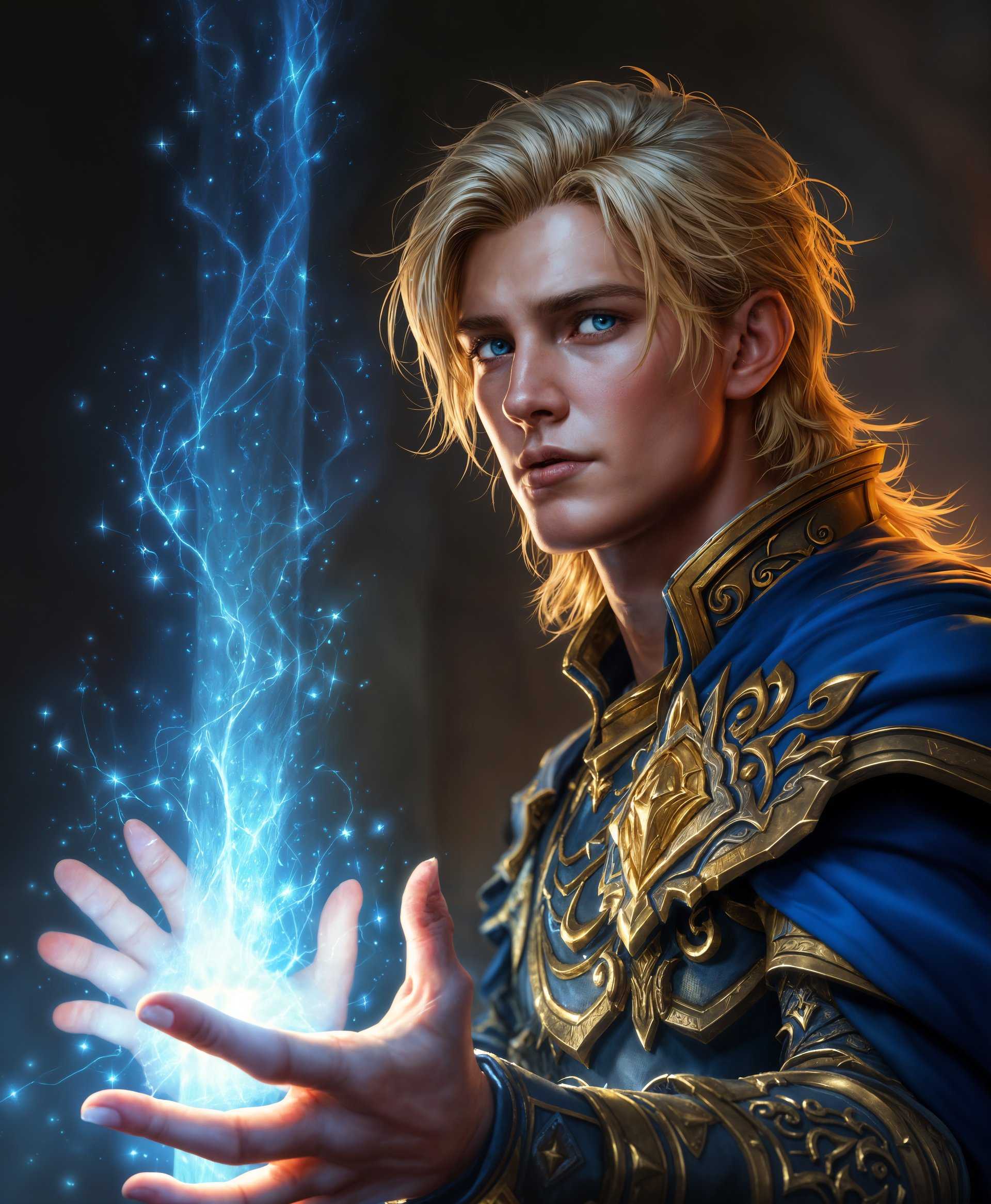 masterpiece, best quality, highres, sharp image, more detail, masterpiece, best quality, highres, sharp image, more detail, Create a hyper-realistic, high-resolution digital painting of Anduin Wrynn from "World of Warcraft." The image should capture:

- **Character**: Anduin Wrynn, in his late twenties, with his iconic light-colored hair, blue eyes, and noble features. His expression should reflect his inner turmoil and wisdom, blending youth with the weight of leadership.

- **Powers**: His hands are glowing with the Light, a shimmering, ethereal energy that radiates warmth and hope. This light should be subtle yet visible, casting soft shadows and highlights around him.

- **Weapons**: He wields the Shalamayne sword, its blade emitting a gentle luminescence that complements the Light's glow. The sword's design should be intricate, with runes etched into the blade, reflecting its legendary status.

- **Visual Details**: 
  - **Clothing**: Anduin wears his royal blue and gold armor, with detailed engravings and a flowing, regal cape that billows slightly as if caught in a gentle breeze. 
  - **Textures**: The metal of the armor should look polished yet battle-worn, with leather straps and cloth elements showing signs of use. 
  - **Lighting**: The scene is illuminated by the soft, ambient light of the Light's energy, creating a halo effect around Anduin, with high contrast between light and shadow to emphasize his divine presence.

- **Style**: Photorealistic with elements of fantasy illustration, reminiscent of high-quality concept art for video games, blending realism with a touch of the surreal.

- **Composition**: 
  - **Subject Positioning**: Anduin stands in a heroic stance, one foot slightly forward, ready for battle or in a moment of contemplation. 
  - **Camera Angle**: A slight low angle shot to convey his authority and stature, with the focus on his face and the Light's energy.
  - **Framing**: A medium close-up, ensuring the details of his face, armor, and the sword are visible, with enough background space to suggest a grand, epic setting.

- **Mood and Atmosphere**: The scene should exude a sense of calm power, with a serene yet intense atmosphere. The background suggests the aftermath of a battle, with the air still charged with magic and the remnants of conflict.

- **Technical Aspects**: 
  - **Depth of Field**: A shallow depth of field to isolate Anduin, with the background slightly blurred to keep the focus on him.
  - **Lighting Techniques**: Use of rim lighting to highlight Anduin