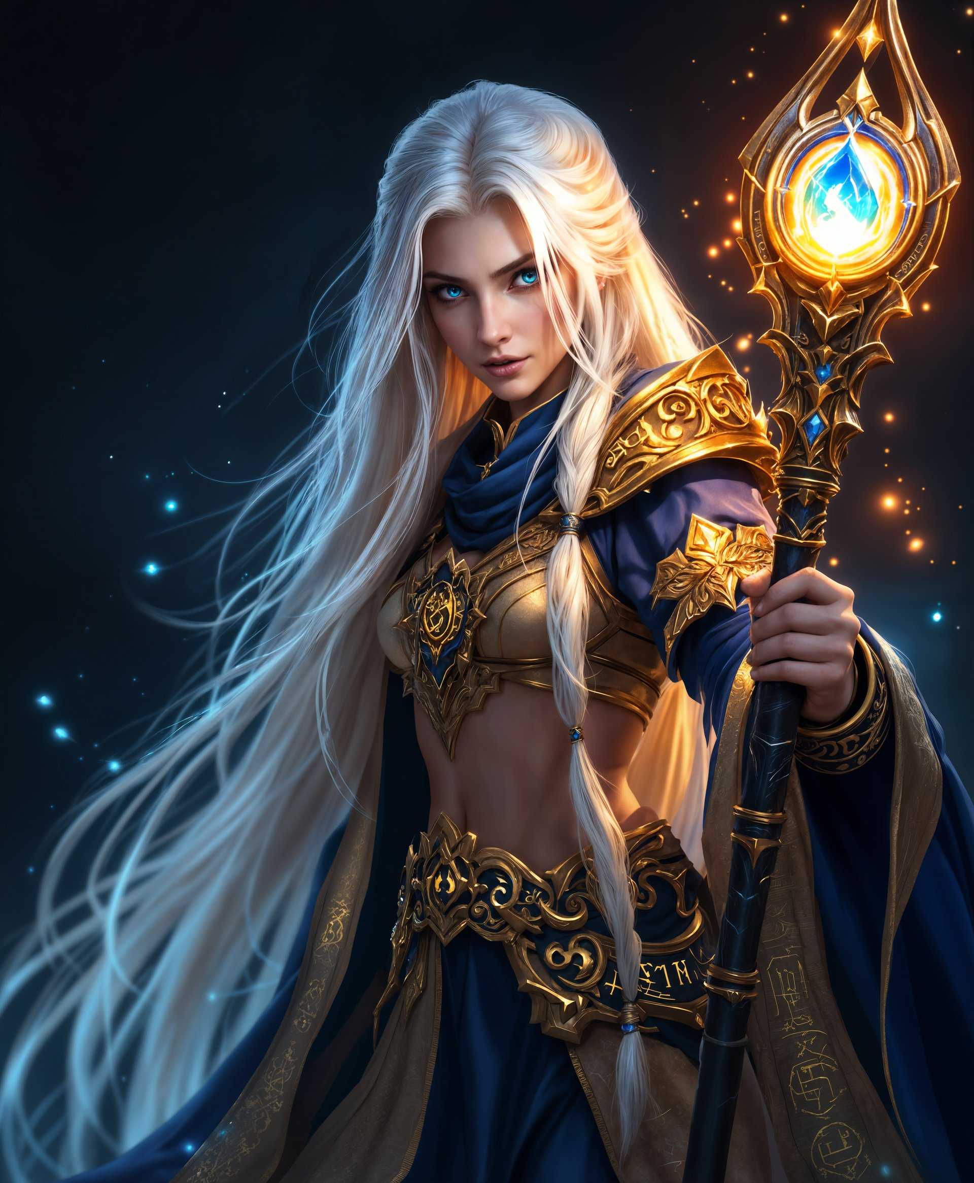 masterpiece, best quality, highres, sharp image, more detail, masterpiece, best quality, highres, sharp image, more detail, A highly detailed, realistic depiction of **Jaina Proudmoore** from the "World of Warcraft" series, in a **4K resolution**:

- **Subject**: Jaina Proudmoore, with her iconic **long white hair** and **blue eyes**, dressed in her **archmage robes** adorned with **gold and blue accents**, the color palette reflecting her magical affinity. She holds her **staff**, a symbol of her power, emitting a **glowing arcane light** with **intricate engravings**.

- **Visual Details**: Her **robes** are made of **silk**, with **intricate patterns** and **glowing runes** that subtly illuminate her surroundings. The **staff** has a **crystal orb** at its top, pulsating with **magical energy**. Her **expression** is one of **concentration**, with a **soft glow** around her eyes, hinting at her immense magical power.

- **Style**: The image should be **hyper-realistic**, capturing the **textures** of fabric, skin, and magical effects with **photo-realistic detail**. Use **digital painting techniques** to achieve a **cinematic** and **epic** feel, reminiscent of **high fantasy** art.

- **Composition**: Jaina is **centrally positioned**, standing on a **raised platform** or **floating in the air**, with her **staff raised**, casting a spell. The **camera angle** should be **slightly below eye level** to emphasize her power. The **background** is a **swirling vortex** of arcane energy, with **subtle hints** of **Stormwind** or **Theramore** in the distance, providing context to her world.

- **Mood and Atmosphere**: The scene is set at **dusk**, with the **sky painted in hues of twilight**, enhancing the **mystical** and **otherworldly** atmosphere. **Arcane energy** swirls around her, creating a **dynamic, almost stormy** environment, yet she remains **calm and controlled**, exuding **confidence** and **mastery** over her powers.

- **Technical Aspects**: Employ **depth of field** to focus on Jaina while the background blurs slightly, giving a **cinematic depth**. Use **ray tracing** for realistic lighting and **reflections**, particularly on her staff and any surrounding water or magical effects. **Particle effects** should be used to depict the **arcane magic** flowing from her hands and staff.

- **Cohes