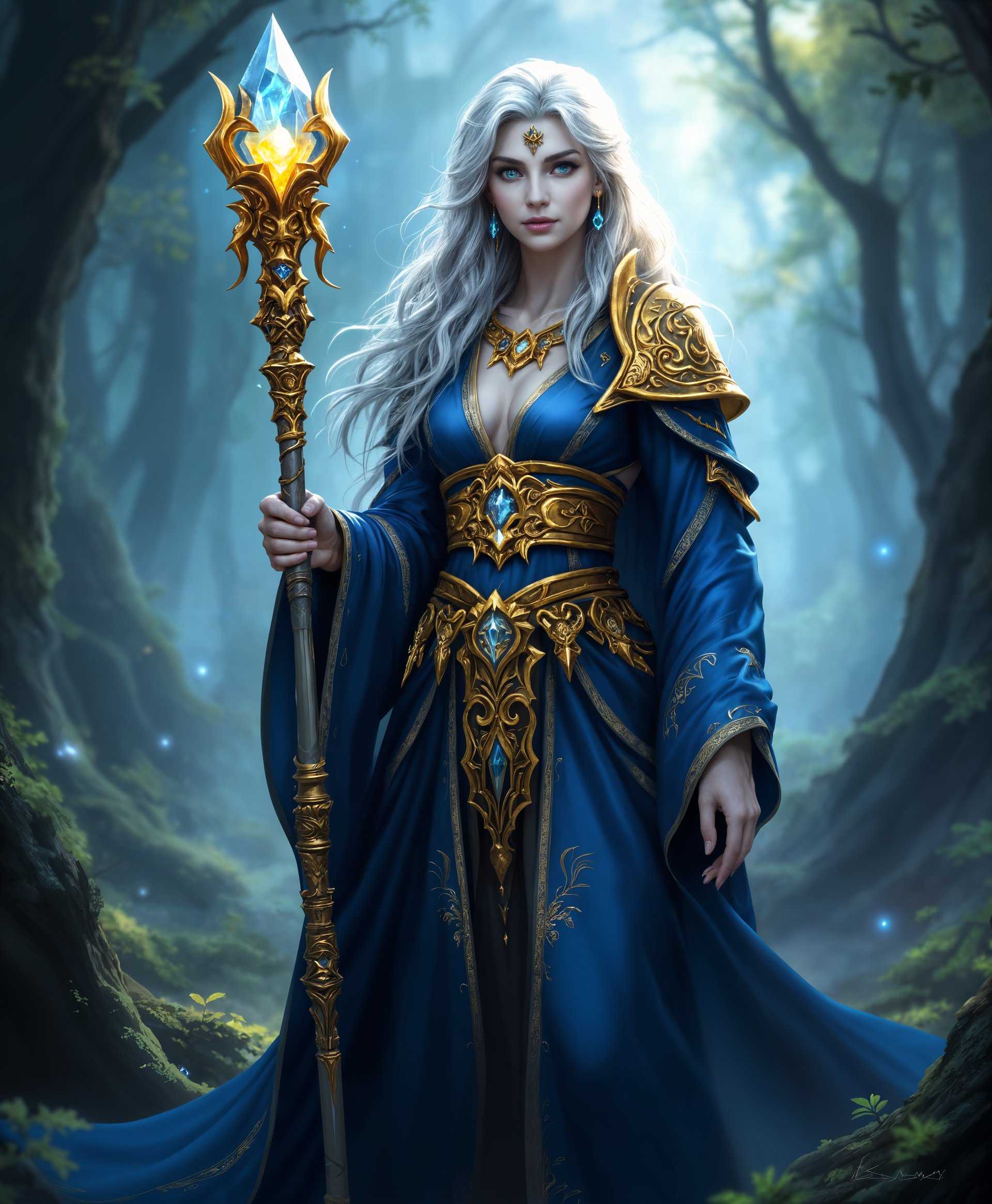 masterpiece, best quality, highres, sharp image, more detail, **Subject**: Aegwynn, Guardian of Tirisfal from "World of Warcraft"

**Description**: Aegwynn stands majestically in a mystical forest clearing, her presence commanding and serene. She is depicted as an older woman, her hair silver and flowing, dressed in flowing robes of deep blue and gold, the colors of the Kirin Tor. Her robes are adorned with intricate magical runes that glow faintly with arcane energy.

**Visual Details**: 
- **Hair**: Silver, long, and slightly wavy, cascading down her back.
- **Eyes**: Bright, piercing blue, filled with wisdom and power.
- **Robes**: Made of a silk-like fabric with a slight shimmer, detailed with gold embroidery and arcane runes. The robes billow slightly as if moved by an unseen magical wind.
- **Staff**: Her staff, known as the Staff of Aegwynn, is tall and ornate, topped with a large crystal that pulses with arcane light. The staff is carved with ancient symbols of the Tirisfal and has a golden band at the top where the crystal sits.
- **Weapons**: Besides her staff, she has a small, intricately designed dagger at her waist, its hilt encrusted with jewels, signifying her readiness for battle.

**Artistic Style**: 
- **Digital Art**: High resolution, with a focus on photorealism, capturing the fantasy elements with a touch of magical realism.
- **Lighting**: Soft, ambient light from the forest, with magical effects illuminating her and her surroundings, creating a halo-like effect around her figure.

**Composition**: 
- **Camera Angle**: Slightly low angle, looking up at Aegwynn to emphasize her power and stature.
- **Framing**: She is centrally placed, with the forest clearing forming a natural frame around her, with trees arching overhead to create a canopy effect.

**Mood and Atmosphere**: 
- **Time**: Late afternoon, with the golden hour light filtering through the leaves, casting a warm glow on the scene.
- **Ambiance**: The air is filled with a palpable sense of magic, the forest silent except for the faint hum of arcane energy.

**Technical Aspects**: 
- **Depth of Field**: Use a shallow depth of field to keep Aegwynn in sharp focus while the background blurs slightly, emphasizing her as the focal point.
- **Color Palette**: Rich, deep blues, vibrant golds, and the natural greens and browns of the forest, with the magical elements highlighted in ethereal glows.

**Prompt**:
