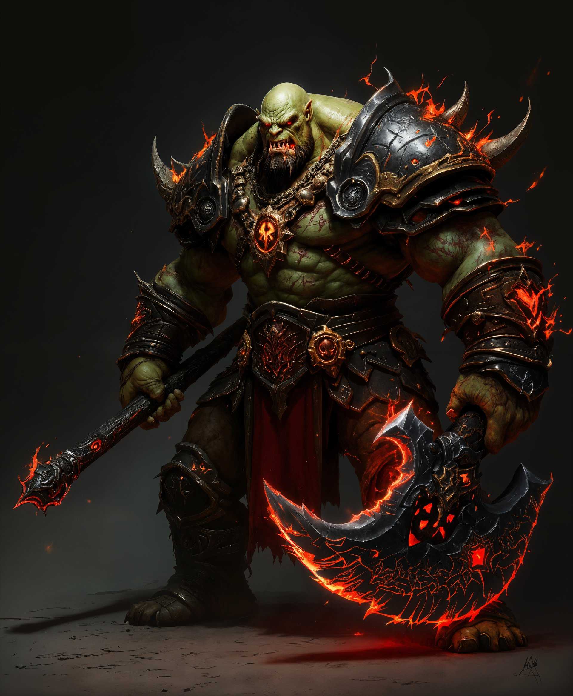 masterpiece, best quality, highres, sharp image, more detail, masterpiece, best quality, highres, sharp image, more detail, A highly detailed, ultra-realistic digital painting of **Garrosh Hellscream** from "World of Warcraft" in his prime, showcasing:

**Visual Details:**
- **Character Design:** Garrosh's towering orc physique, with intricate tribal tattoos and scars that tell his life's story. His skin should be a deep green, with a rough, leathery texture.
- **Armor:** He wears heavy, ornate plate armor, predominantly black with red accents, featuring the Horde symbol. The armor has battle scars and signs of wear, reflecting his warrior status.
- **Weapons:** Wielding his iconic weapon, **Gorehowl**, an axe with a massive, jagged blade, glowing with an ominous red energy. The blade should appear as if it's been forged in the depths of Hellfire Peninsula, with detailed engravings and a dark, almost living metal sheen.

**Style:**
- The image should emulate the cinematic quality of modern video game art, with a nod to the hyper-realistic approach seen in high-end CG trailers for games like "World of Warcraft".

**Composition:**
- Garrosh should be depicted in a heroic pose, mid-battle stance, with Gorehowl raised high, ready to strike. The camera angle should be slightly low to emphasize his imposing figure.
- The background should subtly blur to focus on Garrosh, perhaps with elements of Orgrimmar or a battlefield in the distance, integrating seamlessly to enhance his presence.

**Mood and Atmosphere:**
- The lighting should be dramatic, with harsh shadows and highlights to accentuate the musculature and texture of his armor. A storm brewing in the background, with dark, ominous clouds, adds to the epic feel.
- The atmosphere should convey the raw power and fury of Garrosh, with a palpable sense of impending battle and the chaos of war.

**Technical Aspects:**
- Utilize techniques like depth of field to keep Garrosh in sharp focus while the background recedes. Employ dynamic lighting to give a sense of movement and energy to the scene.
- Use particle effects for the red energy emanating from Gorehowl, and subtle glows or light flares to highlight the weapon's mystical properties.

**Cohesion:**
- All elements should come together to form a portrait of Garrosh Hellscream that is both awe-inspiring and intimidating, capturing his essence as the Warchief of the Horde with a blend of realism and the fantastical elements of Azeroth.