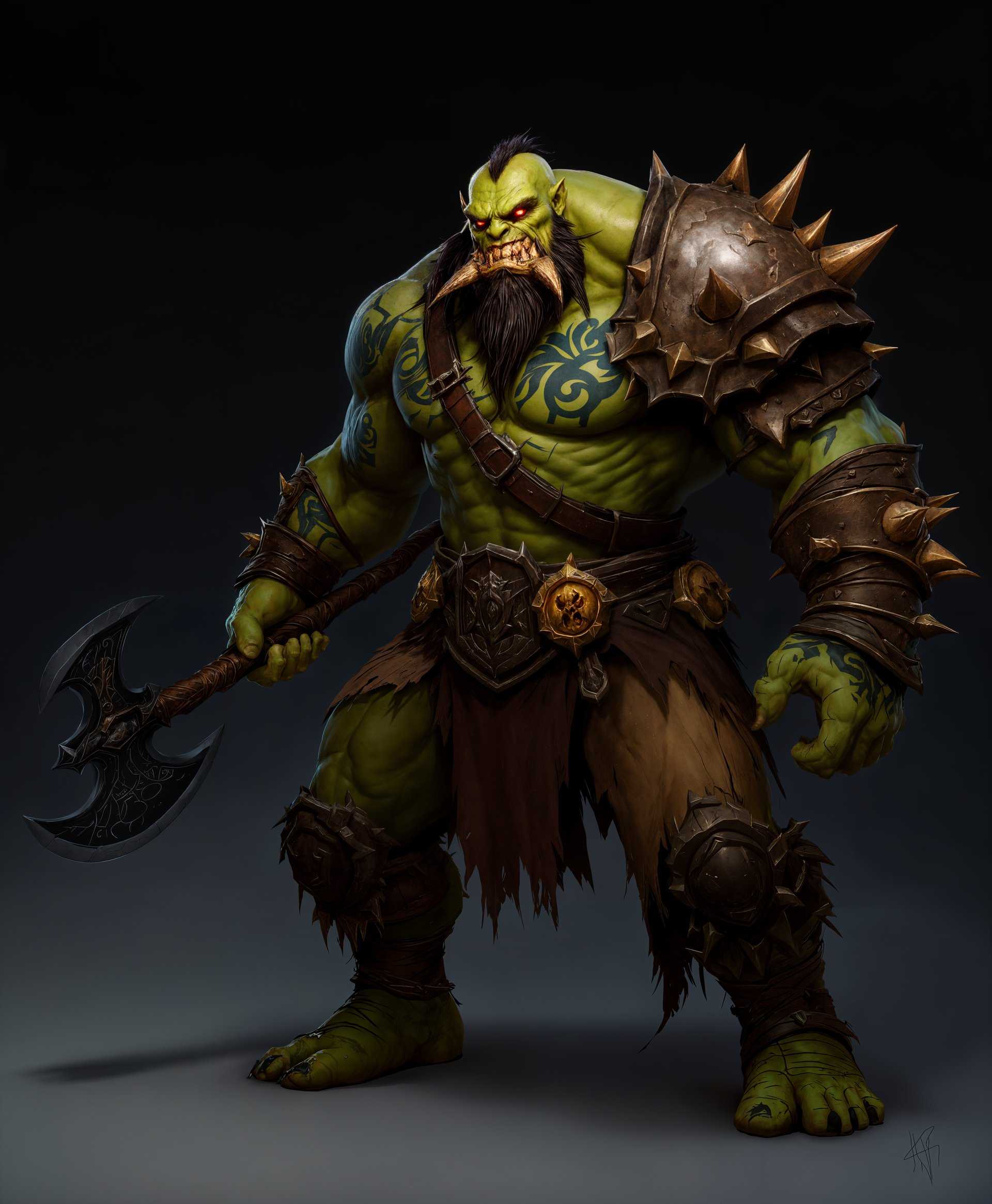 masterpiece, best quality, highres, sharp image, more detail, masterpiece, best quality, highres, sharp image, more detail, **Image Prompt:**

Generate a highly detailed, realistic image of Grommash Hellscream from the "World of Warcraft" series:

- **Subject:** Grommash Hellscream, an imposing orc warrior with a fierce expression, muscles taut and ready for battle. His skin should have a natural green hue with darker green tattoos that swirl around his arms and chest, reflecting his heritage and strength.

- **Clothing and Armor:** Adorn him in traditional orcish war gear, featuring leather straps, spiked pauldrons, and a tattered cloak with the Warsong clan symbol. His armor should look battle-worn with visible dents and scratches.

- **Weapons:** In his right hand, he wields Gorehowl, a massive two-handed axe with an ornate, curved blade that glimmers with a dark energy. The axe handle should be wrapped in leather and adorned with bones or skulls. 

- **Powers:** His eyes glow with a faint red light, indicating his connection to the demonic power that courses through him. A subtle aura of red and black energy should surround him, hinting at the unleashed fury of his inner demon.

- **Setting:** Place him in a battle-torn landscape, perhaps a field after a skirmish, with smoke rising in the background, and the ground littered with debris from fallen foes. The sky should be overcast, with hints of fiery orange and red from distant conflicts.

- **Lighting and Atmosphere:** Use dramatic lighting with a focus on the subject, casting strong shadows that enhance his menacing presence. The atmosphere should be charged with tension, with a slight fog or smoke to add depth and mystery.

- **Art Style:** Adopt a photorealistic style with hyper-realistic textures and lighting, reminiscent of high-end CGI in modern video games or films, capturing the gritty realism of a war-torn world.

- **Composition:** Center Grommash in the frame, slightly off to the left, with his gaze directed towards the viewer, creating a direct confrontation. His stance should be wide, ready to strike, with his axe positioned diagonally across his body.

- **Mood:** The image should evoke a sense of awe, fear, and respect for this legendary warrior, with an undercurrent of imminent violence and the raw power of nature and the supernatural.