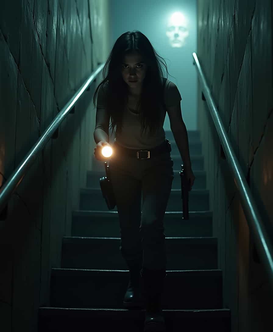 A brunette woman member of the SCP Foundation, horror atmosphere, descending a dark metallic staircase, light fog, low angle, full shot, dark military boots. The staircase resembles a fire escape leading down into a pitch black void. She's holding a lit flashlight and a gun at the ready. She has a concerned look on her face. In the darkness, shrouded by fog, you can barely see a nebulous pale face.
