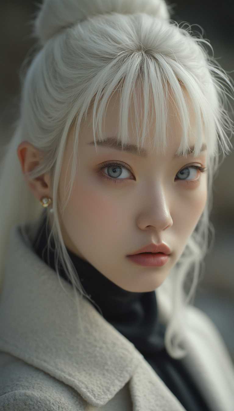 ultra close up face, look the viewer, half face focused, a young woman with white hair, hair bun, long bangs, Korean, covering the face with coat's collar, sensuous, blue eyes, academic realism, historical subjects, Gorgeous Galactic