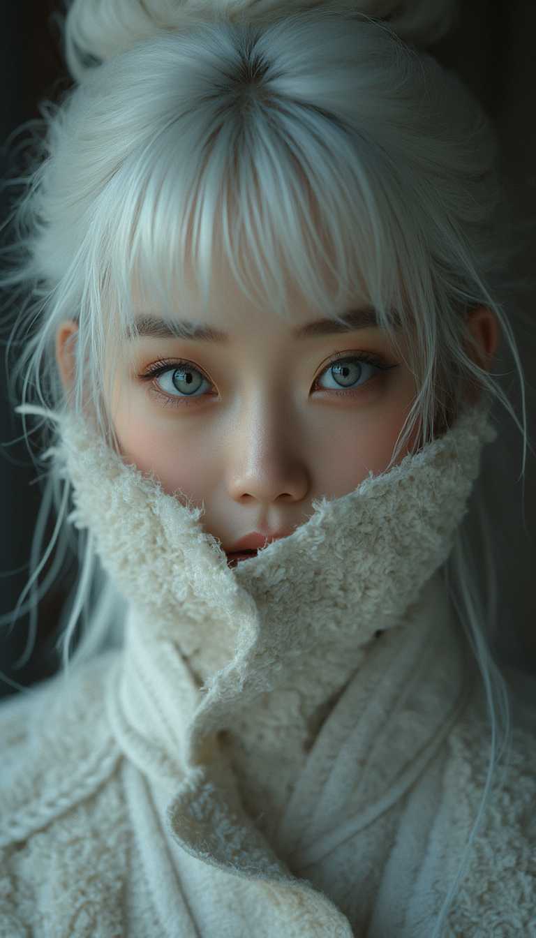 ultra close up face, look the viewer, half face focused, a young woman with white hair, hair bun, long bangs, Korean, covering the face with coat's collar, sensuous, blue eyes, academic realism, historical subjects, Gorgeous Galactic