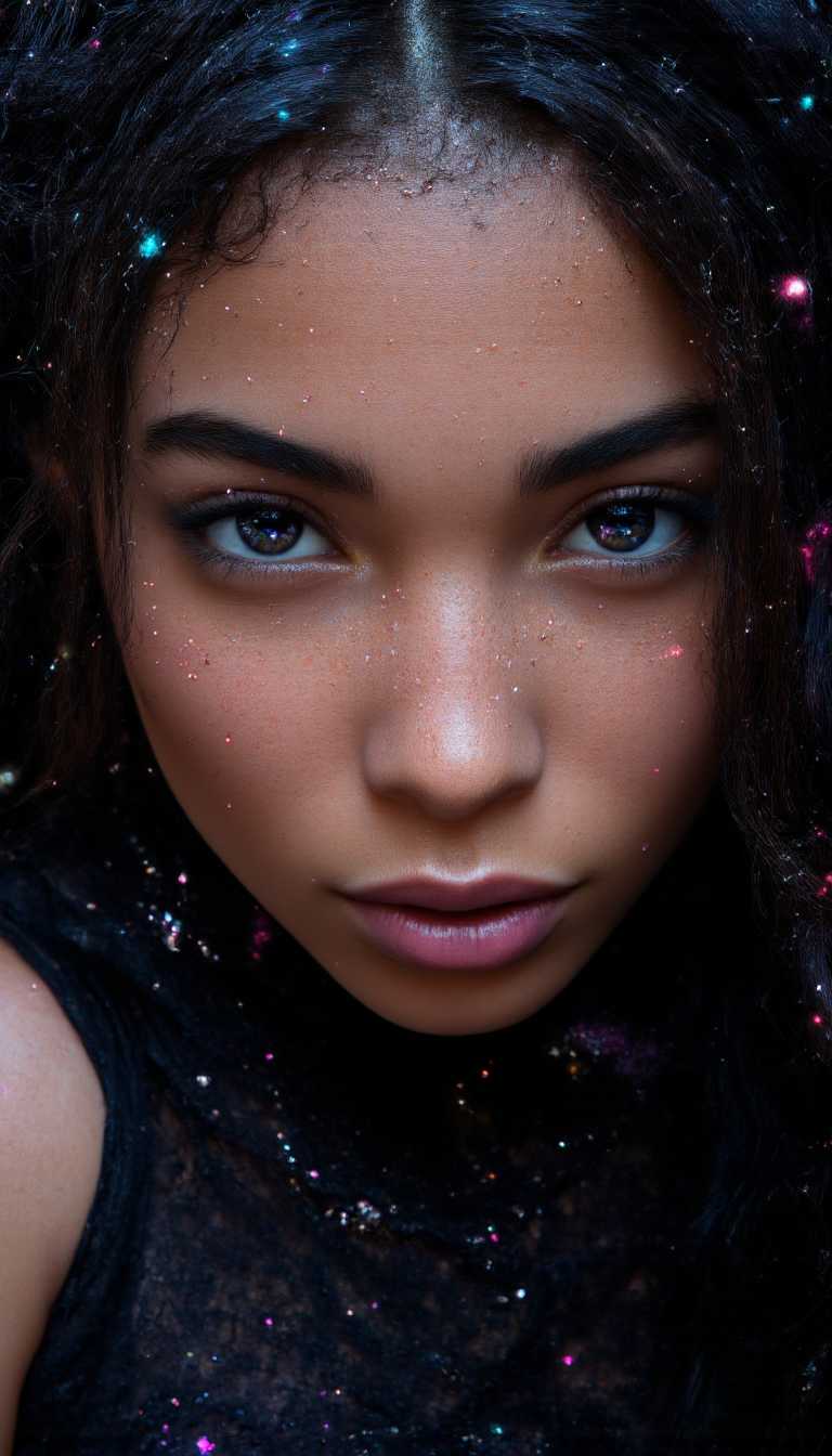 Gorgeous Galactic,  face close up of goth vampire woman,  inner light, heat, warm, dynamic, melting, burning, shimmering, luminescent, luminous, bioluminescence, glowing, shining, glinting, iridescent, highly detailed