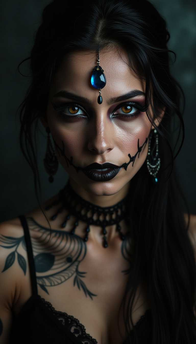 modeling photograph, rakshasa, indian  beautiful, dark, mysterious, goth makeup, detailed flawless face, dramatic darkroom lighting, high exposure, (bubbly background:0.7), head and shoulders, 80mm camera