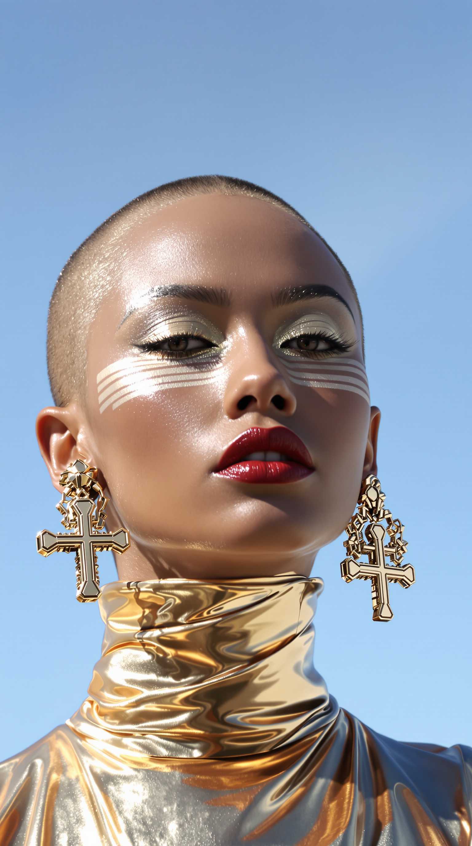 A hyper-detailed, avant-garde photograph featuring a striking Nepalese woman with pale light brown skin against a clear, light blue sky. Her full-face close-up highlights the smooth texture of her flawless complexion. Iridescent striped face markings elegantly stretch from her left cheek to her right cheek, adding an artistic touch. Shimmering metallic eyeshadow enhances the depth of her piercing gaze, while her glossy, deep red lips create a bold contrast to her skin. 
Large, intricately detailed golden earrings shaped like a Christian Holy Cross reflect light, contributing to her modern allure. She wears metallic urban Buddhist monk clothing, with a turtle neck that enhances her avant-garde look. The reflective surfaces of her earrings and outfit create a dynamic interplay with the environment, emphasizing her sleek presence. 
The minimalist background allows the viewer to focus on her eye-catching fashion and makeup. Captured with a Sony A7R IV camera and a 50mm f/1.2 G Master lens for a beauty editorial shoot, this composition highlights her fashion-forward aesthetic. Inspired by avant-garde fashion photography from Sølve Sundsbø, this image blends contemporary fashion and minimalist elegance, embodying mythp0rt and niji_flux styles for a sleek, high-fashion vision. ((glow_skin, iridescent skin, oily skin, portrait))