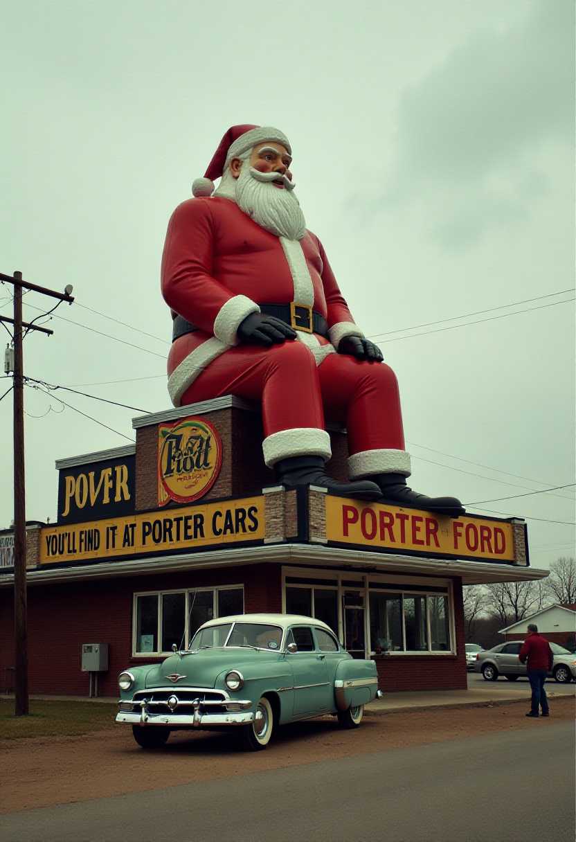 This image depicts a largescale outdoor sculpture of Santa Claus seated on the roof of a building. The statue is a whimsical and eyecatching advertisement for Porter Ford, a car dealership. The art style of the sculpture is reminiscent of mid20th century Americana, with a nod to commercial art and advertising.The medium of the sculpture appears to be concrete or a similar material, given its solid and weatherresistant appearance. The colors are bright and bold, with Santas traditional red and white suit, and the buildings signage is a mix of black, yellow, and red. The statues details, such as the fur trim on Santas hat and boots, the folds of his suit, and the creases in his pants, are crafted with care to give the figure a lifelike quality.In front of the statue, there is a vintage car, which complements the oldfashioned aesthetic of the advertisement. The car is a classic model with a rounded body and a low roofline, painted in a muted bluegray color. Its parked on a dirt lot, and there is a single person standing to the right, dwarfed by the size of the statue, which adds to the sense of scale.The sky behind the statue is overcast, with a few wisps of clouds, and the overall lighting of the scene is soft and diffuse, likely due to the cloudy conditions. The perspective of the image is from a distance, looking directly at the statue and the building, with the road and the person providing a sense of depth and scale.The Porter Ford signage on the building is partially obscured by the statue, but it is clear that the dealership is promoting Ford cars, as indicated by the Ford lettering. The slogan Youll find it at Porter Ford is displayed prominently, suggesting that the statue is meant to draw attention to the dealership and entice passersby to visit.