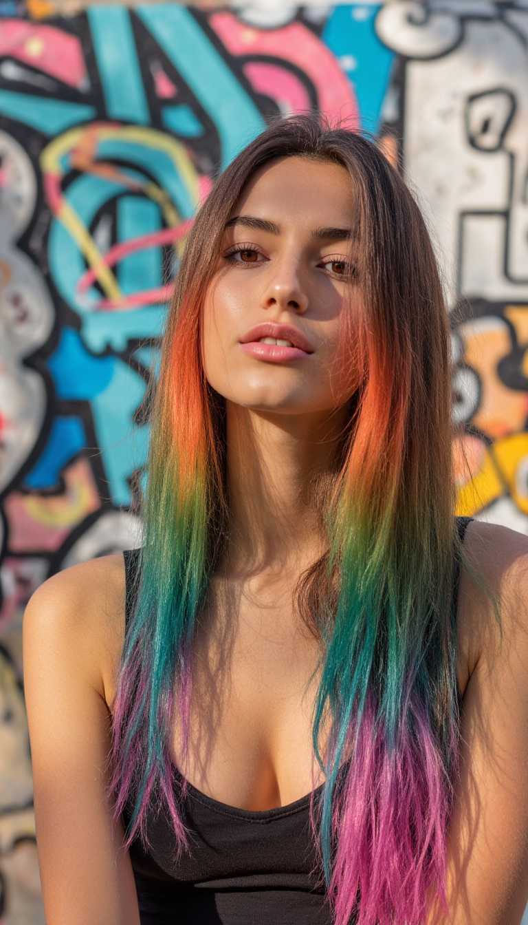 , aidmaRealisticPeoplePhotograph, photograph, beefy The Brain, her hair is Rainbow, soft focus, Awe, Iphone X, 800mm lens, Instax, aidmaRealisticPeoplePhotograph, midjourneyv6.1, detailmaximizer